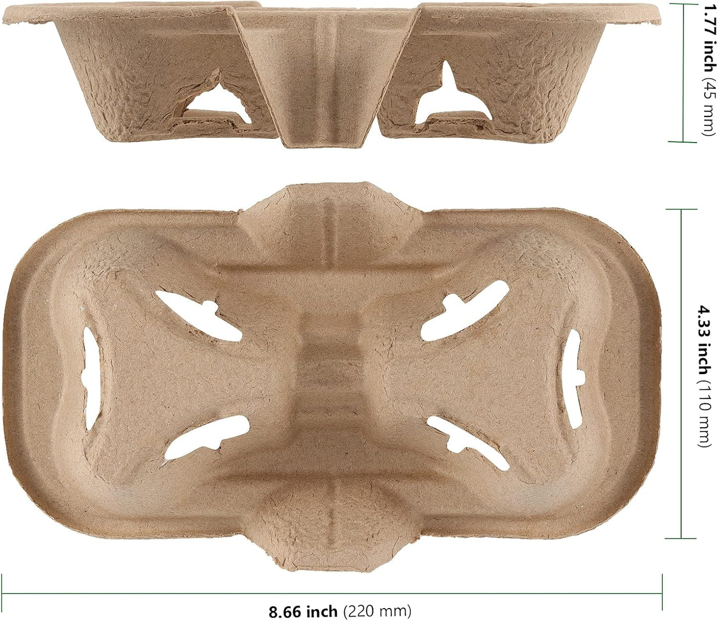 HAKZEON 100 Pack Fiber 2 Cup Holders, To Go Coffee Cup Holder, 2 Cups Pulp Fiber Drink Carrier, Drink Carrier Trays for Coffee Shops, Grocery Stores, Takeaway Restaurants, Drink Shops