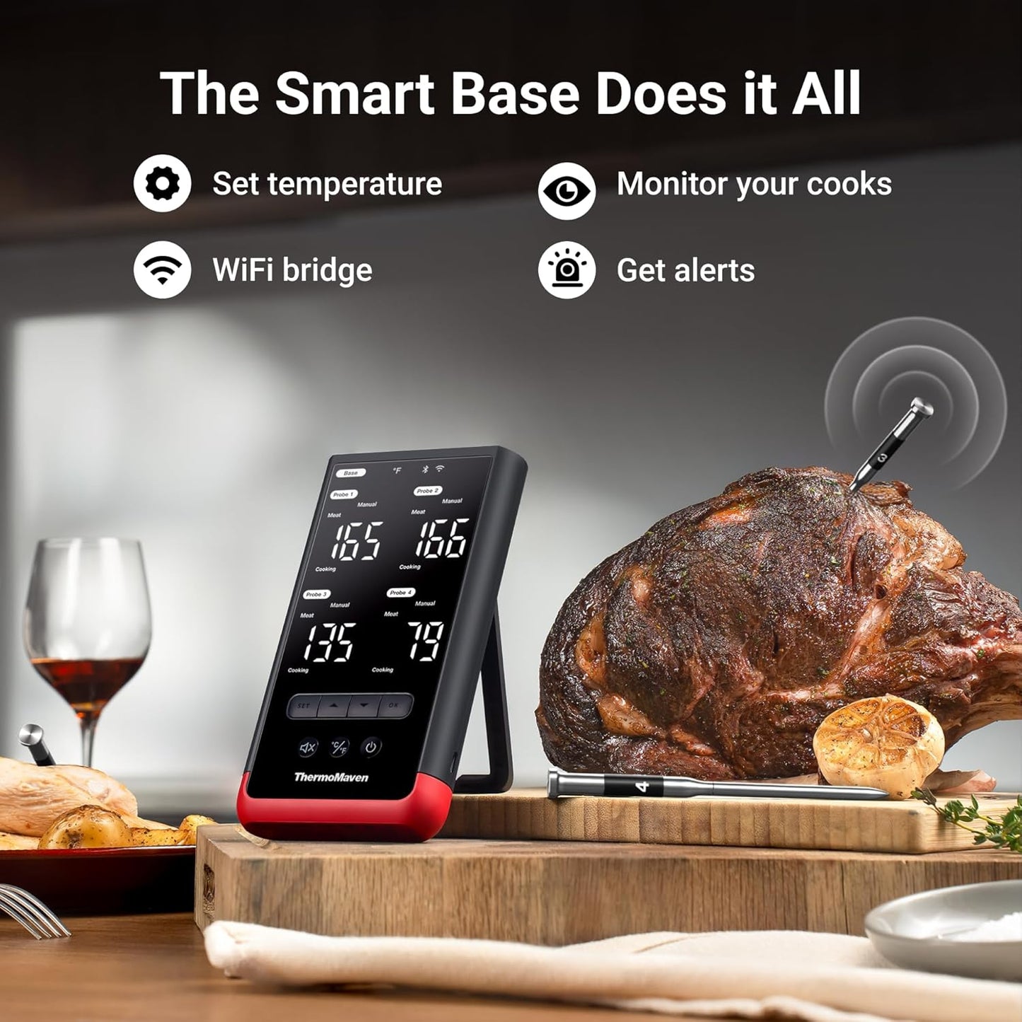 Smart Bluetooth Wireless Meat Thermometer: Standalone Base, WiFi Unlimited Range, 6 Sensors with NIST Certified Accuracy, 4 Probes for Kitchen, BBQ, Grill, Oven, Smoker, Rotisserie