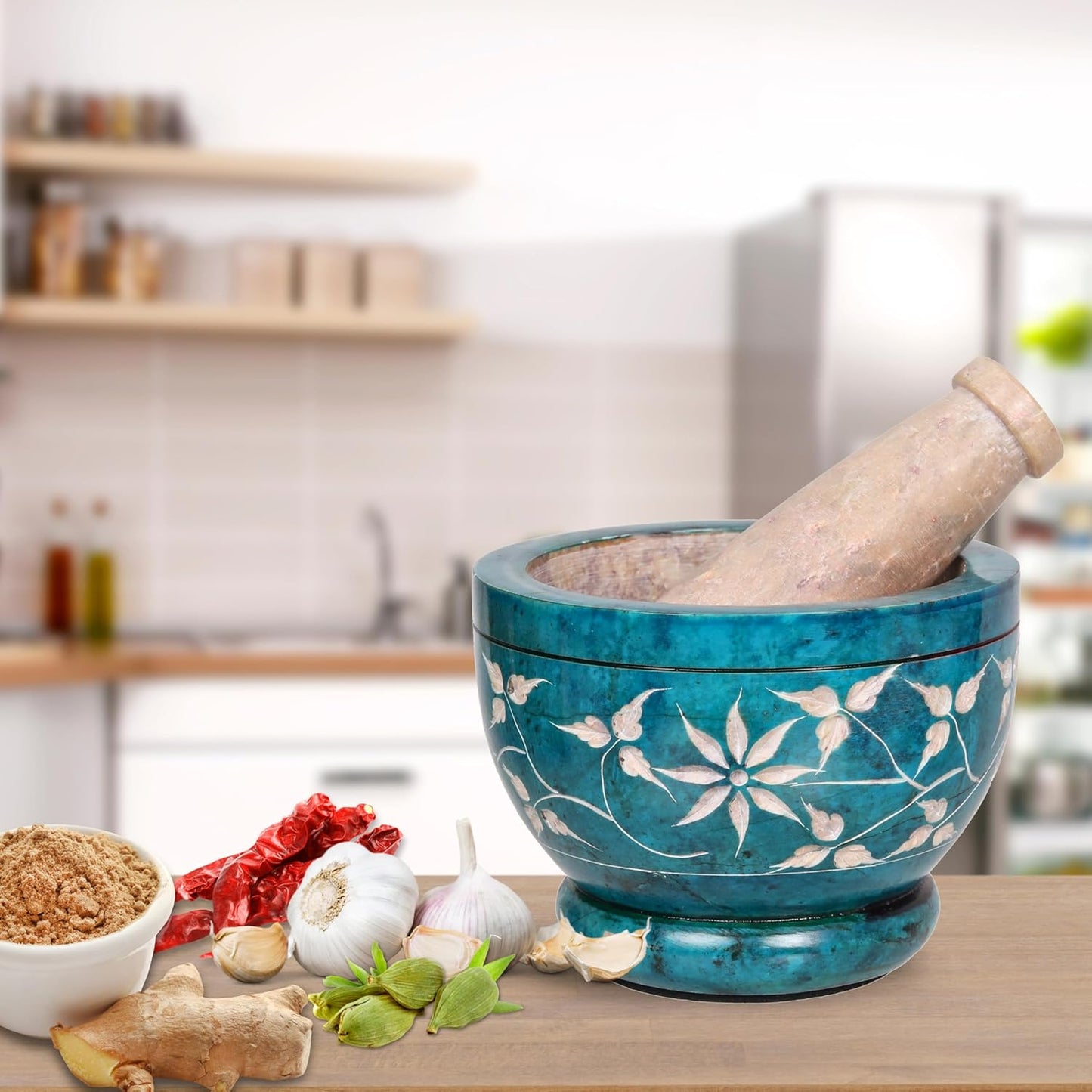 Mortar and Pestle, Made of Heavy Duty Polished Hard Stone, Natural Stone Grinder for Spices, Pastes, Herbs, Seasoning etc. (Turquoise Floral)