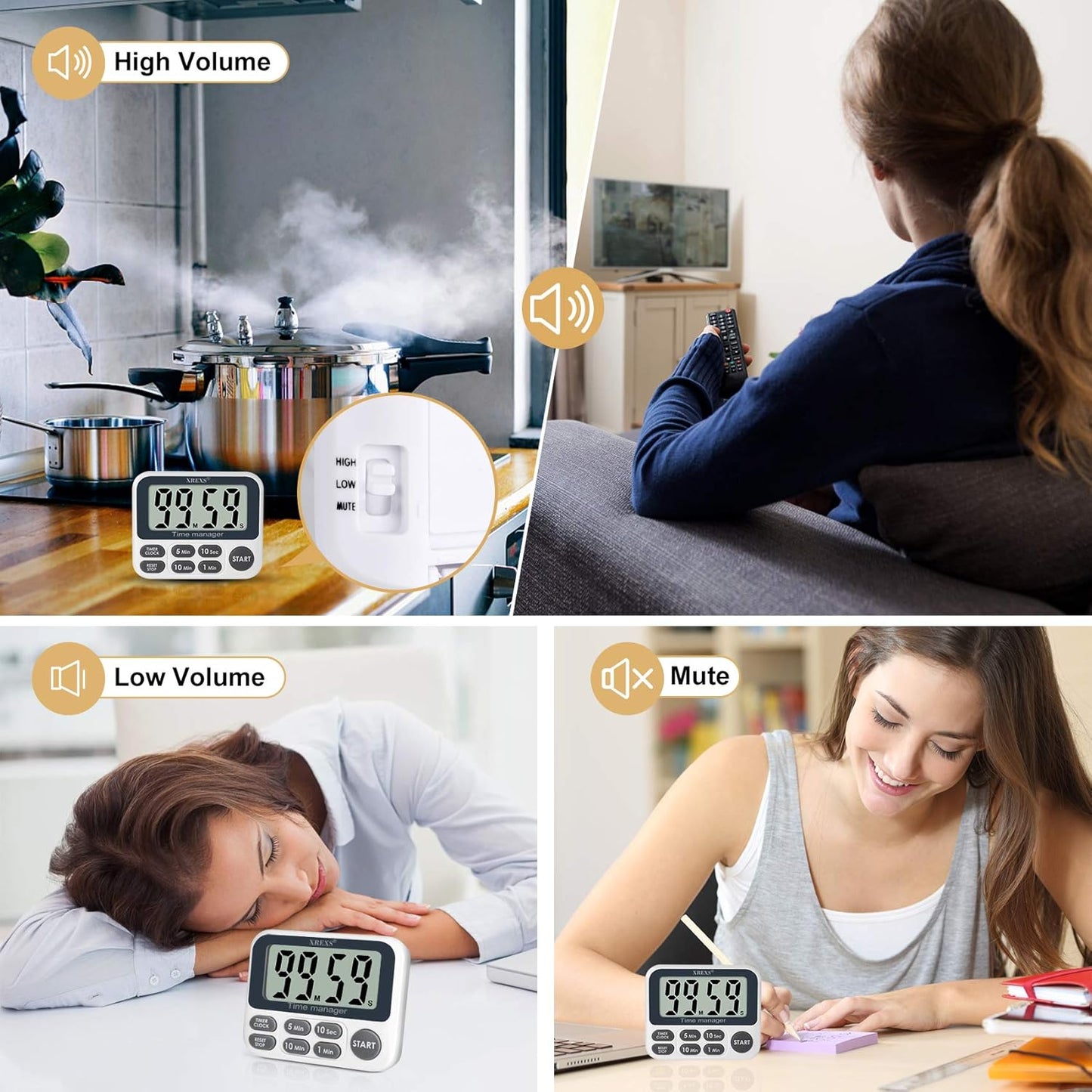 XREXS Digital Kitchen Timer, Magnetic Countdown Up Cooking Timer Clock with Large LCD Display, Adjustable Volume, Loud Alarm & Strong Magnet Classroom Timer for Teachers (Batteries Included)