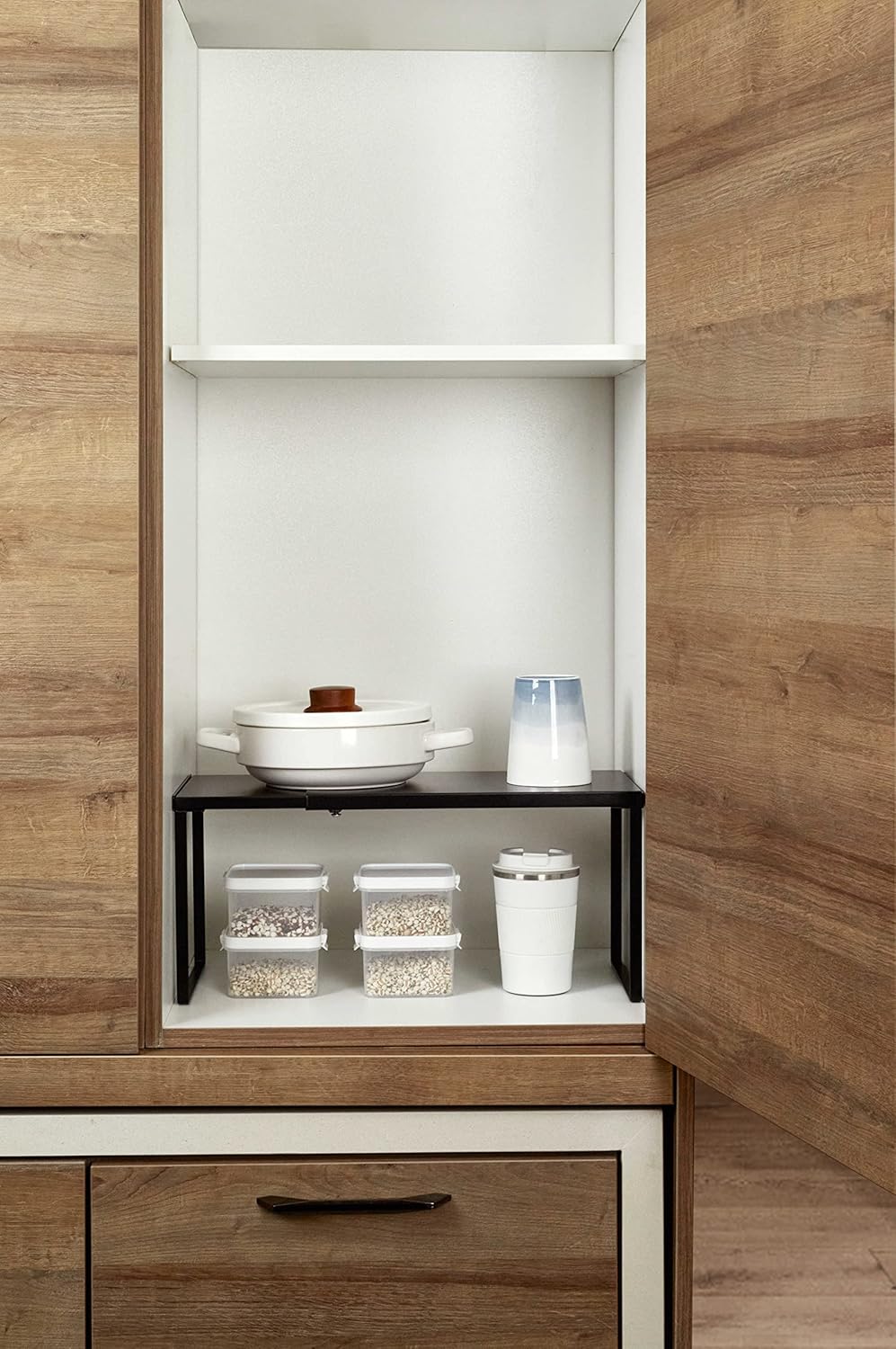 Nxconsu Cabinet Shelf Expandable Organizer Riser Rack for Kitchen Pantry Cupboard Under Sink Countertop Home Organization Extra Storage Space Saver Heavy Duty Metal Edgeless Design Black