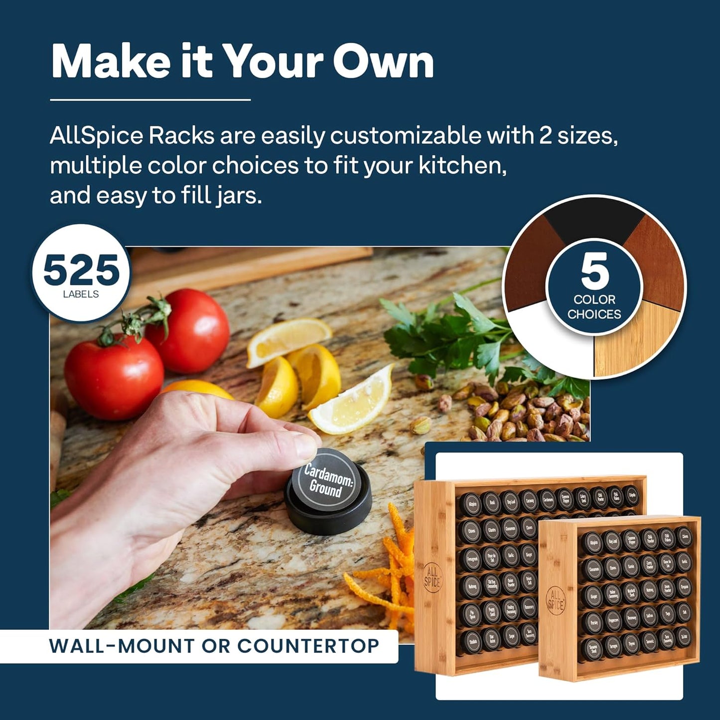 AllSpice Spice Rack Organizer, Wood, 525 Unique Labels, Countertop or Wall Mount, Includes 30 4oz Jars- Bamboo