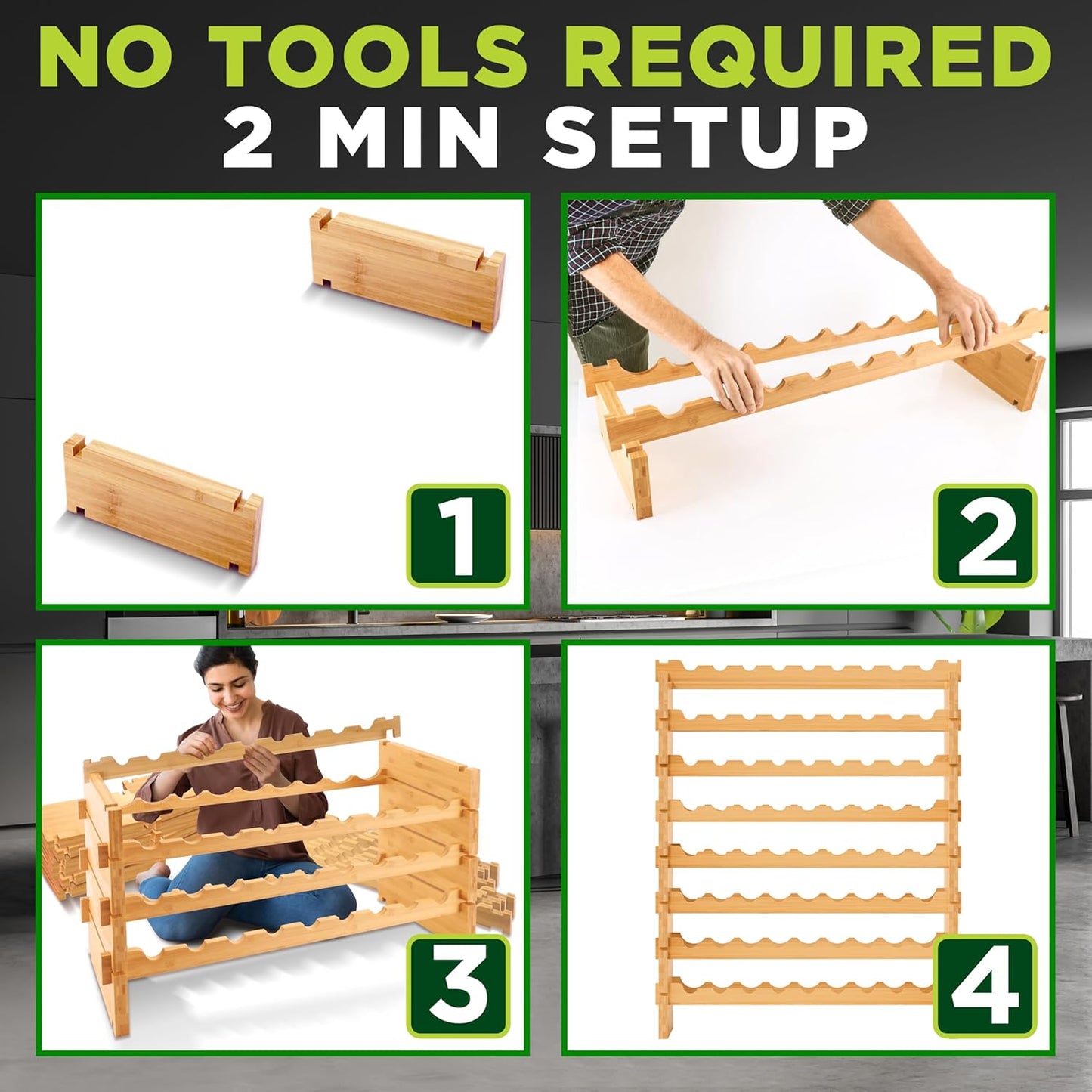 NutriChef Bamboo Stackable Wine Rack, 8-Tier 72 Bottle Capacity Wine Racks Free Standing Floor, No Tools Assembly, Modular Storage Display Shelf for Kitchen and Cellar 33.5" x 10" x 42"