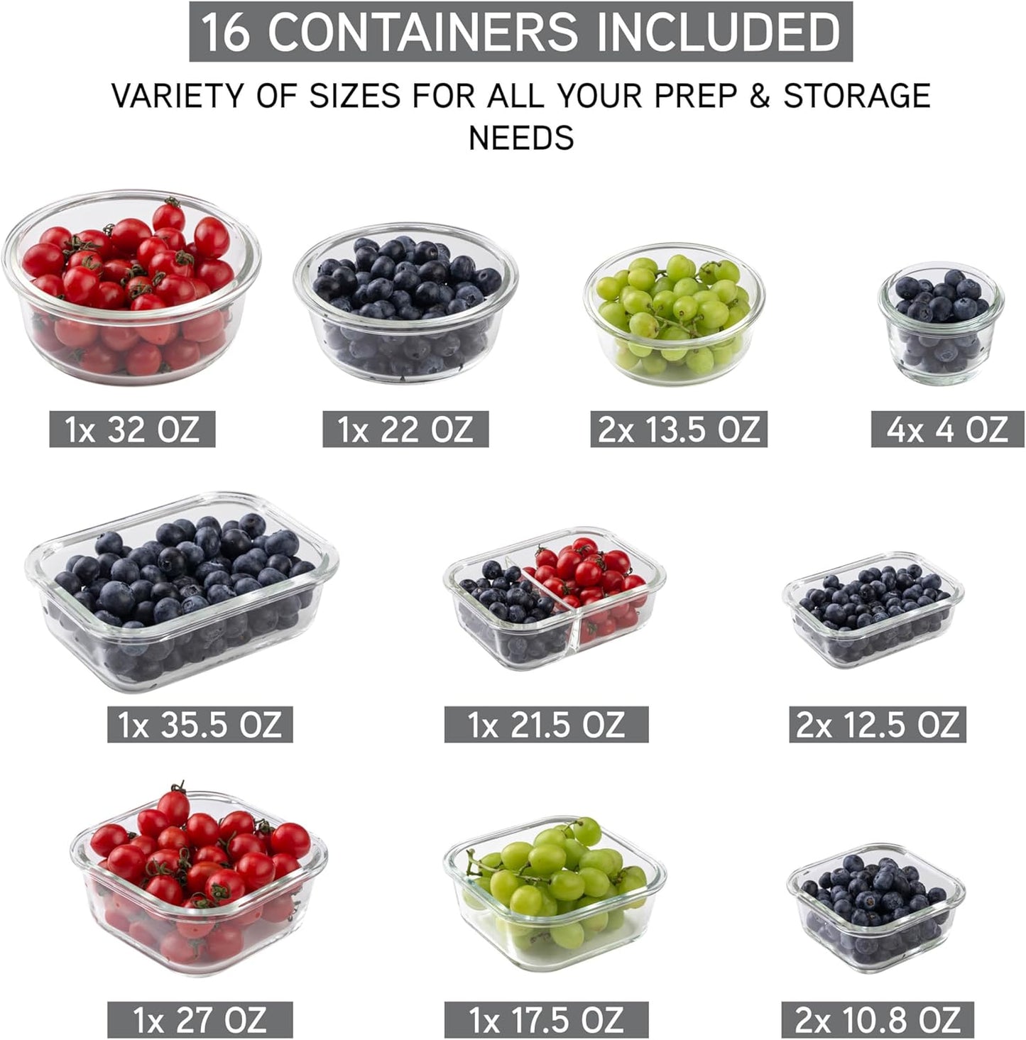 COOK WITH COLOR Premium 32-Pc. Borosilicate Glass Food Container Set with Dividers - 4 Rectangles, 8 Rounds, 4 Squares - Leakproof Lids - Meal Prep, Storage, Ombre Grey