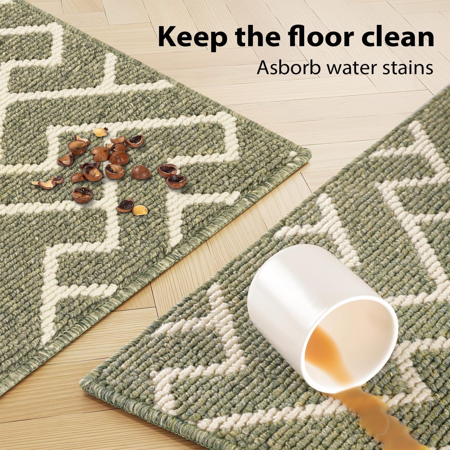 hicorfe Kitchen Rugs and Mats Sets,Non-Slip 2 Pieces Absorbent 100% Polypropylene Rug,Comfort Kitchen Runner Mat,Washable for Kitchen,Sink,Laundry(20" x 31.5" Plus 20" x 48",Green)