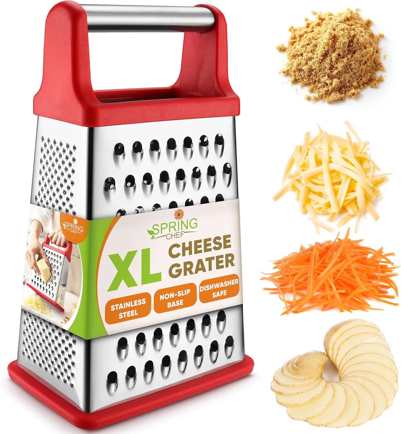 Spring Chef Professional Cheese Grater - Stainless Steel 4 Sided Box Grater for Kitchen, XL Size - Perfect Shredder for Parmesan Cheese, Carrot, Potato, Ginger - Dishwasher Safe - Red