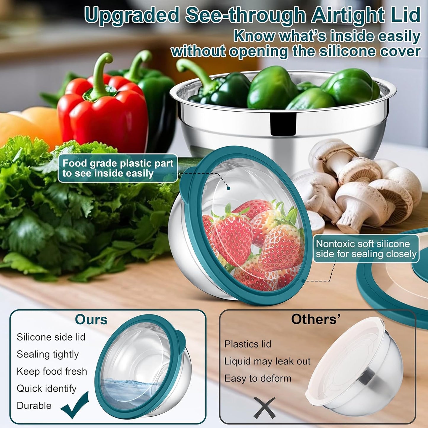 E-far Mixing Bowls Set of 5, Stainless Steel Salad Mixing Bowl with Transparent Lid, Metal Nesting Bowl Attach with 3 Graters for Kitchen Prepping/Serving/Baking/Storage, 4.6/2.6/1.5/1/0.7 QT - Blue