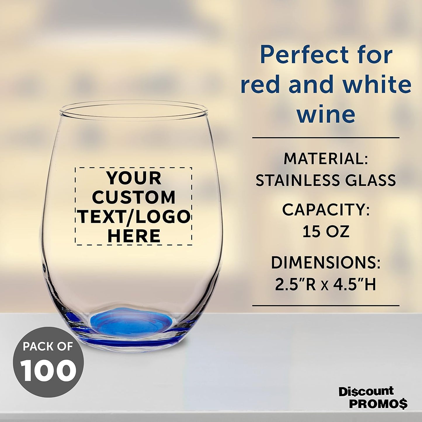 Custom Stemless Wine Glasses in Bulk by ARC Perfection, 15 oz, 100 pack, Personalized Text, Logo, Red or White Wine Glass Set, Blue