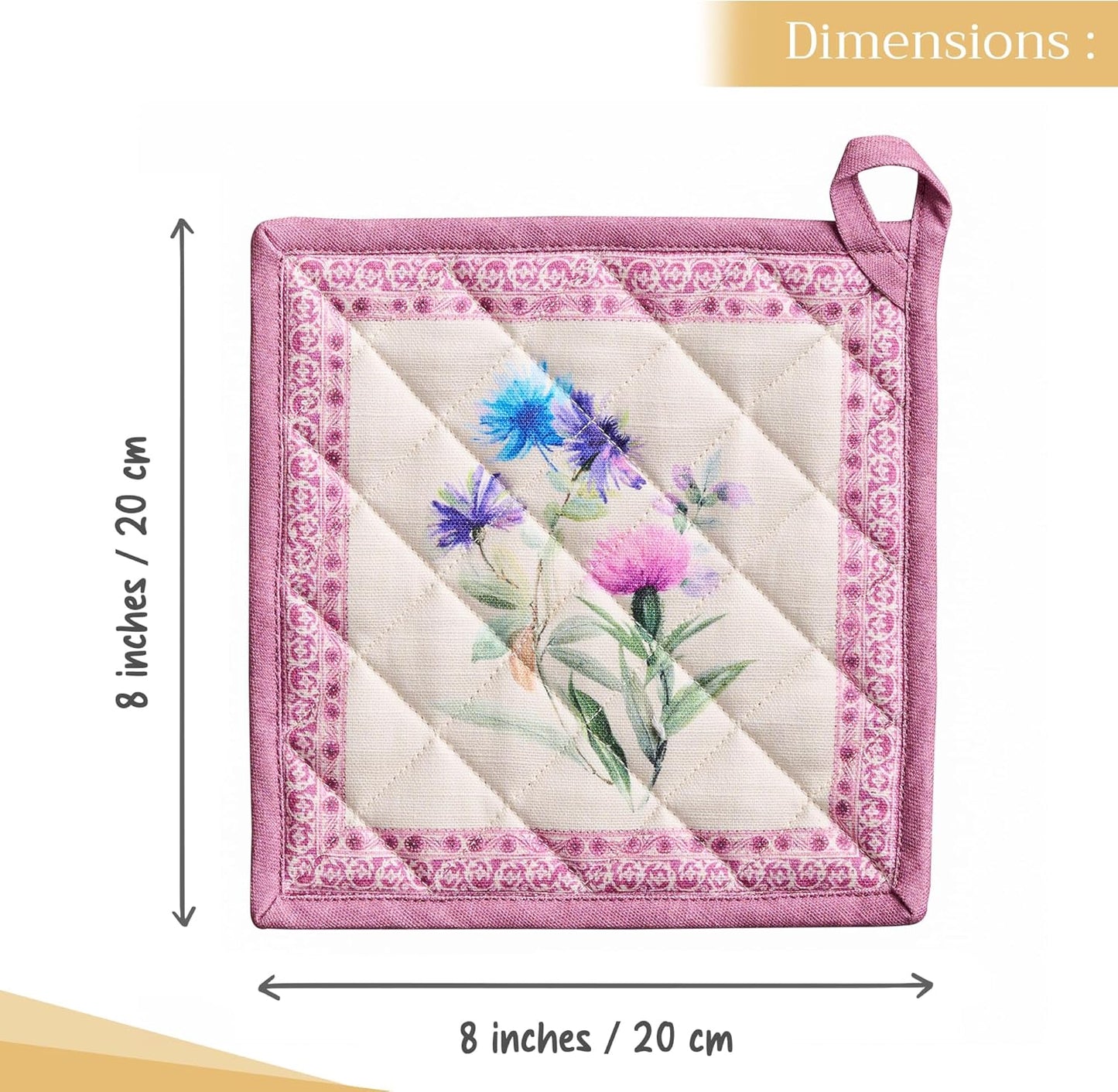 Maison d' Hermine Pot Holders 100% Cotton Heat Resistant Potholders 8" x 8" Hot Pads with Loop BBQ, Cooking, Baking, Grilling, Kitchen, Handling Hot Pans Spring/Summer (Pack of 1, Chardon)