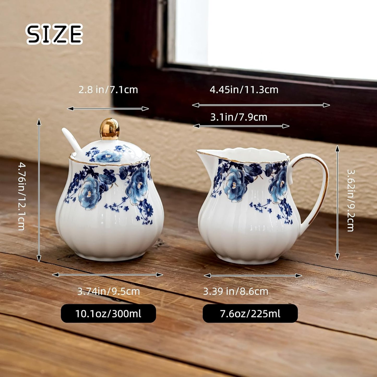 Ceramic Sugar and Creamer Set, 3 Piece with Cream Pitcher, Sugar Bowl with Lid and Spoon,Coffee and Tea Serving Set (White with blue flower)