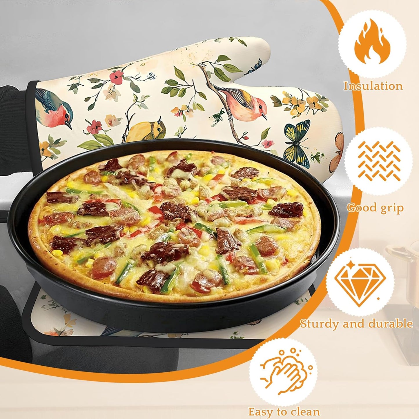 Vintage Butterfly Bird Oven Mitts and Pot Holders Set,Floral Flower Kitchen Oven Gloves and Pot Holder with Heat Resistant Non Slip for Cooking Baking Grilling(4 Piece Set)