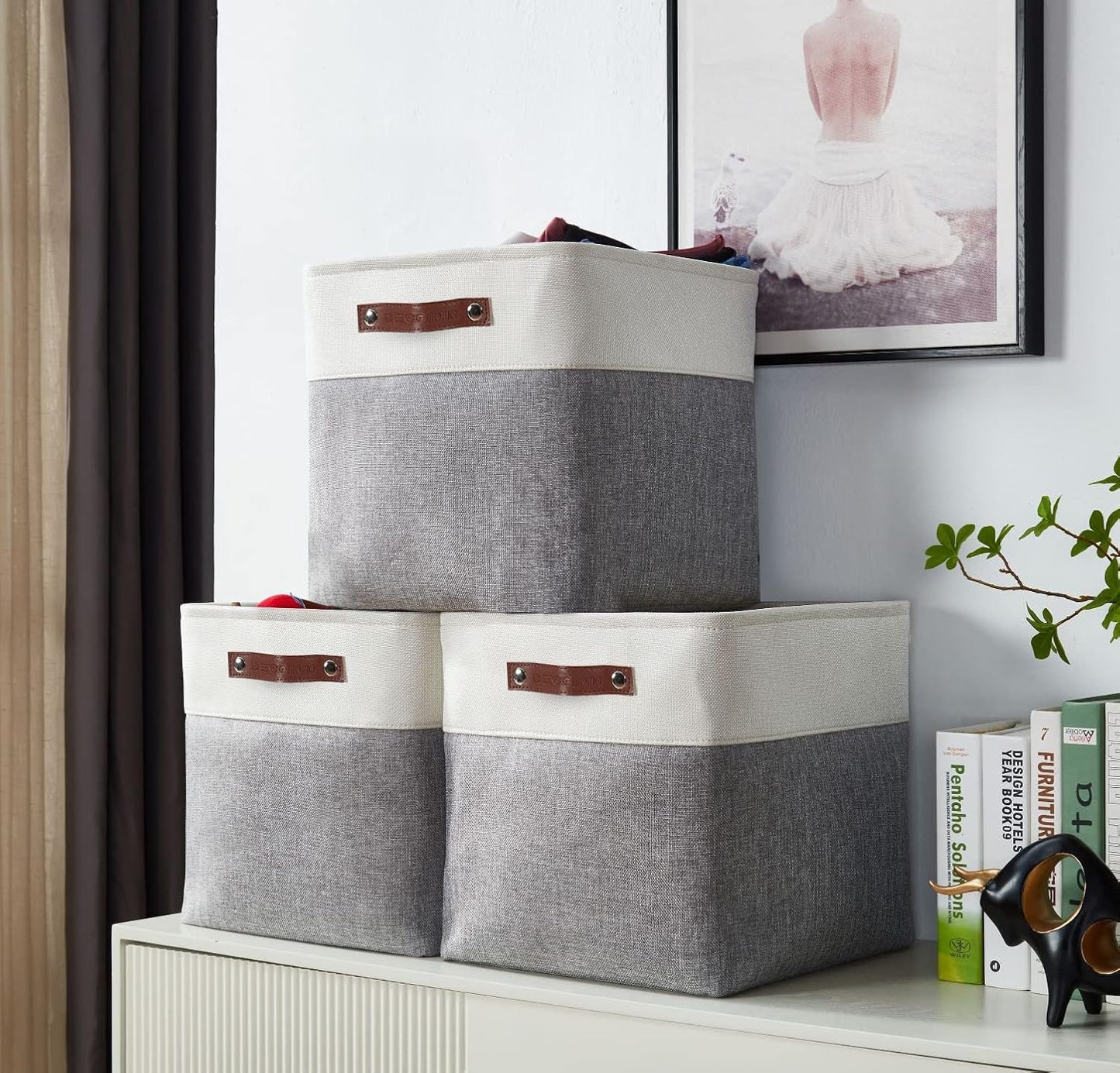 DECOMOMO Storage Cubes, 11x11 Cube Storage Bins, Baskets for Shelves (Grey & White, Cube 11" - 4 Pack)