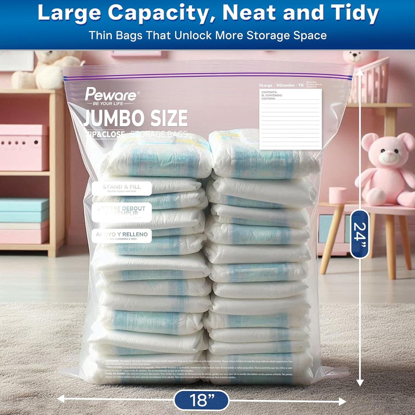 Large Storage Bags, 18"x24" Jumbo Plastic Bag, BPA Free, 5 Gallon XL Zipper Lock Baggies for Clothes Pillow Travel Moving - 15 Jumbo Bags