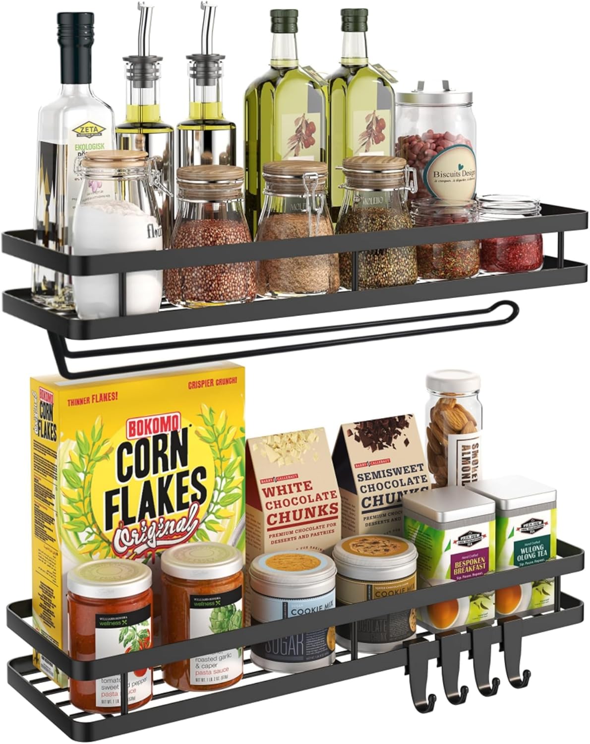 Spice Rack Organizer Wall Mount - 15.7in 2Pack [Upgraded Version] Hanging Seasoning Organizer Shelf with Paper Towel Holder, Storage for Cabinet or Wall Mounted with 4 Strong Hooks (Simple black)