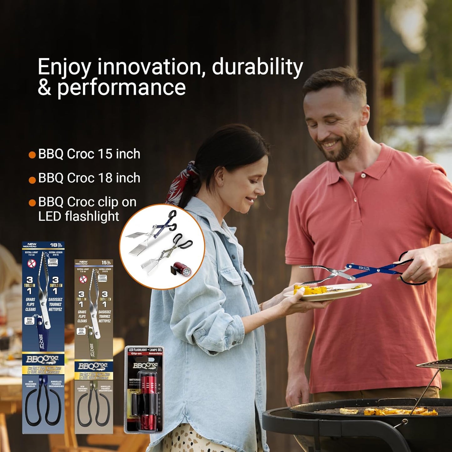 BBQ Croc 3-in-1 Barbecue Tool Pack - 15-inch & 18-inch with Light - Extra Light Tongs, Spatula and Grill Scraper (18 inch + 15 inch with Flashlight)