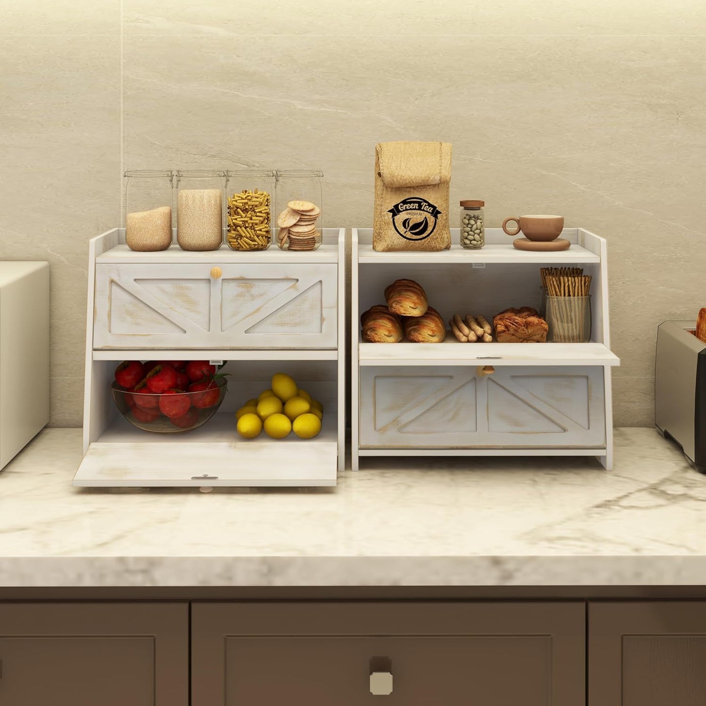 Vintage Double Layer Bread Box for Kitchen Counter Bamboo Bread Storage Container Large Capacity Bread Storage Bin (Antique White)