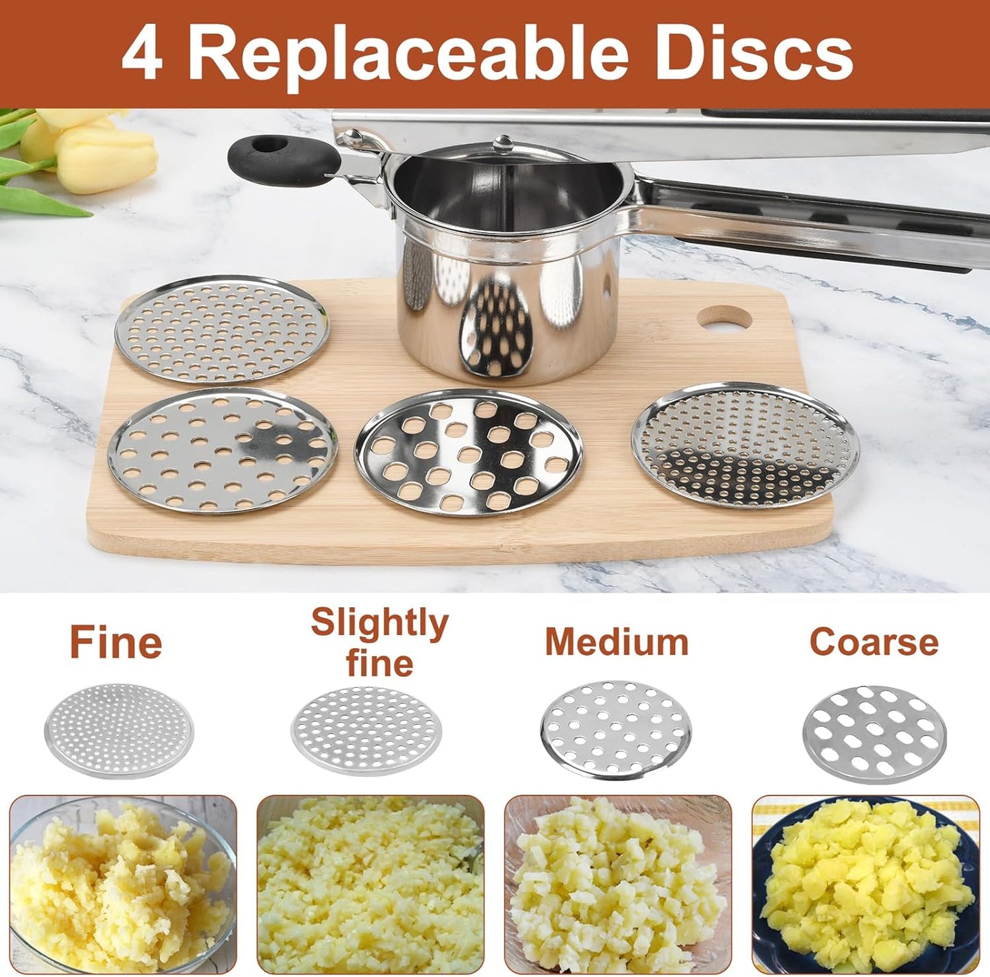 Potato Rice Cooker 4 Interchangeable Discs 15 oz Heavy Duty Stainless Steel Masher and Kitchen Tool for Potato Mashed (4 Discs)