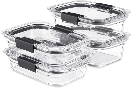 Rubbermaid Brilliance Glass Food Storage set of 4 containers 8 total pieces (4 containers + 4 lids) for Lunch Meal Prep and Leftovers Dishwasher and Oven Safe Clear/Grey