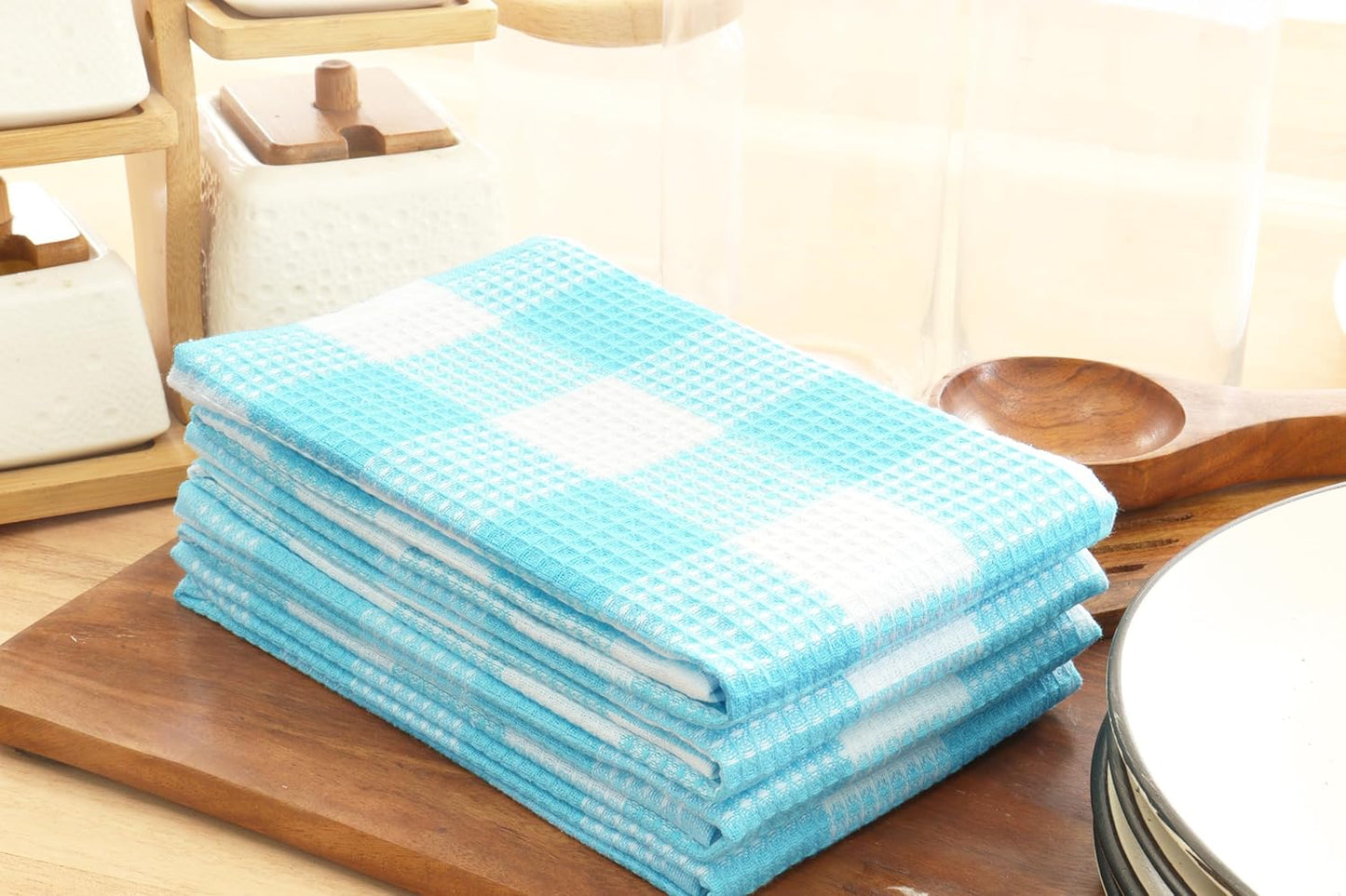 PurpleEssences 100% Cotton Waffle Weave Check Plaid Kitchen Towels, Super Soft and Absorbent Dish Towels for Drying Dishes 15 x 25-4 Pack - Spring Summer - Aqua Blue and White