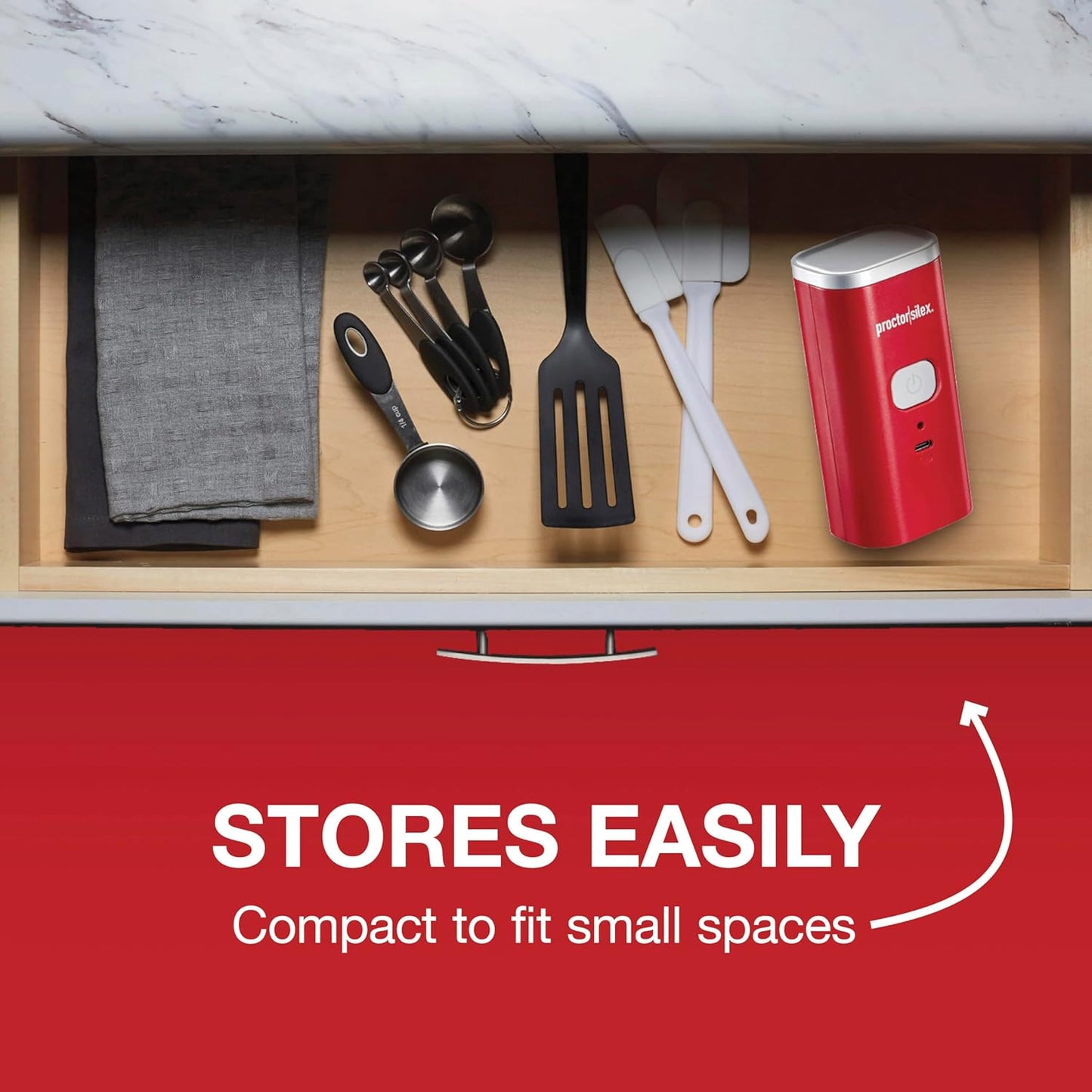 Proctor Silex Automatic Electric Can Opener, Hands Free Cordless Operation & USB Rechargeable, Self-Aligning, Cut Smooth Touch Lid Edges, Compact and Easy to Store, Red