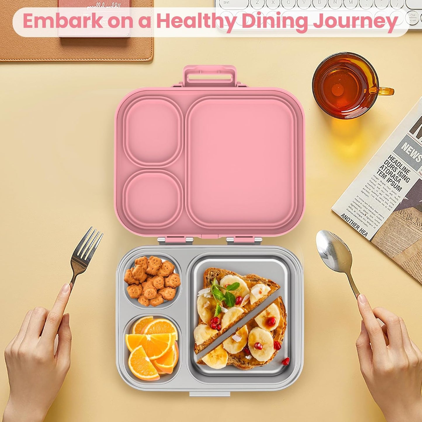 Stainless Steel Bento Lunch Box for Kids | 3-Compartment Lunch Box Container Kids | 100% Leakproof, Dishwasher-Safe, Eco-Friendly, Perfect Portion Control for Kids&Adult Healthy Meals (Pink)