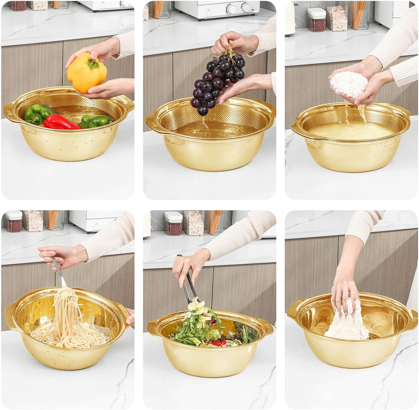 304 Stainless Steel Microporous Colander with Handle, Rice Washers Microporous Strainer Set For washing vegetables, fruits and rice, and draining cooked pasta(3.5QT with handle-Gold)