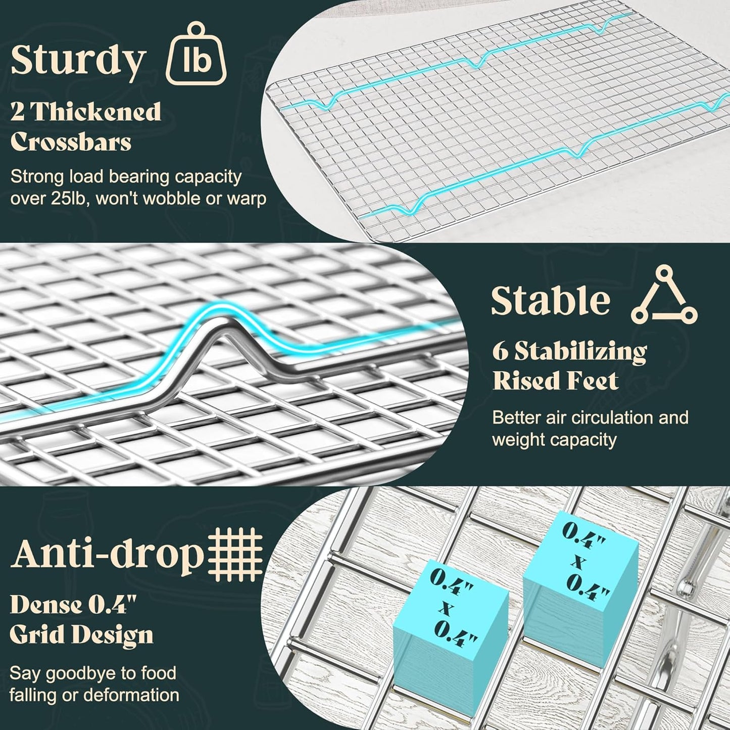 Cooling Racks for Cooking and Baking-10"x14.75" Oven Safe Premium Stainless Steel Heavy Duty Baking Rack Tight-Wire, Fits Jelly Roll Pan Rack for Roasting & Grilling & Cooking-Set of 2
