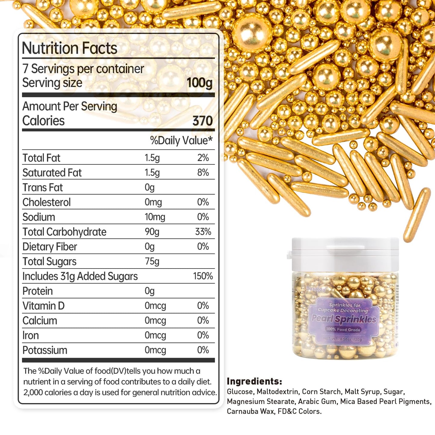 Dazzjoy Gold Pearl Rods Sprinkles, 130g/4.58oz, Mix Size, Gold Sprinkles for Cupcake Decorating, Cupcake Toppers, Cake Decorations, Ice Cream, Wedding Party Valentines Easter Supplies
