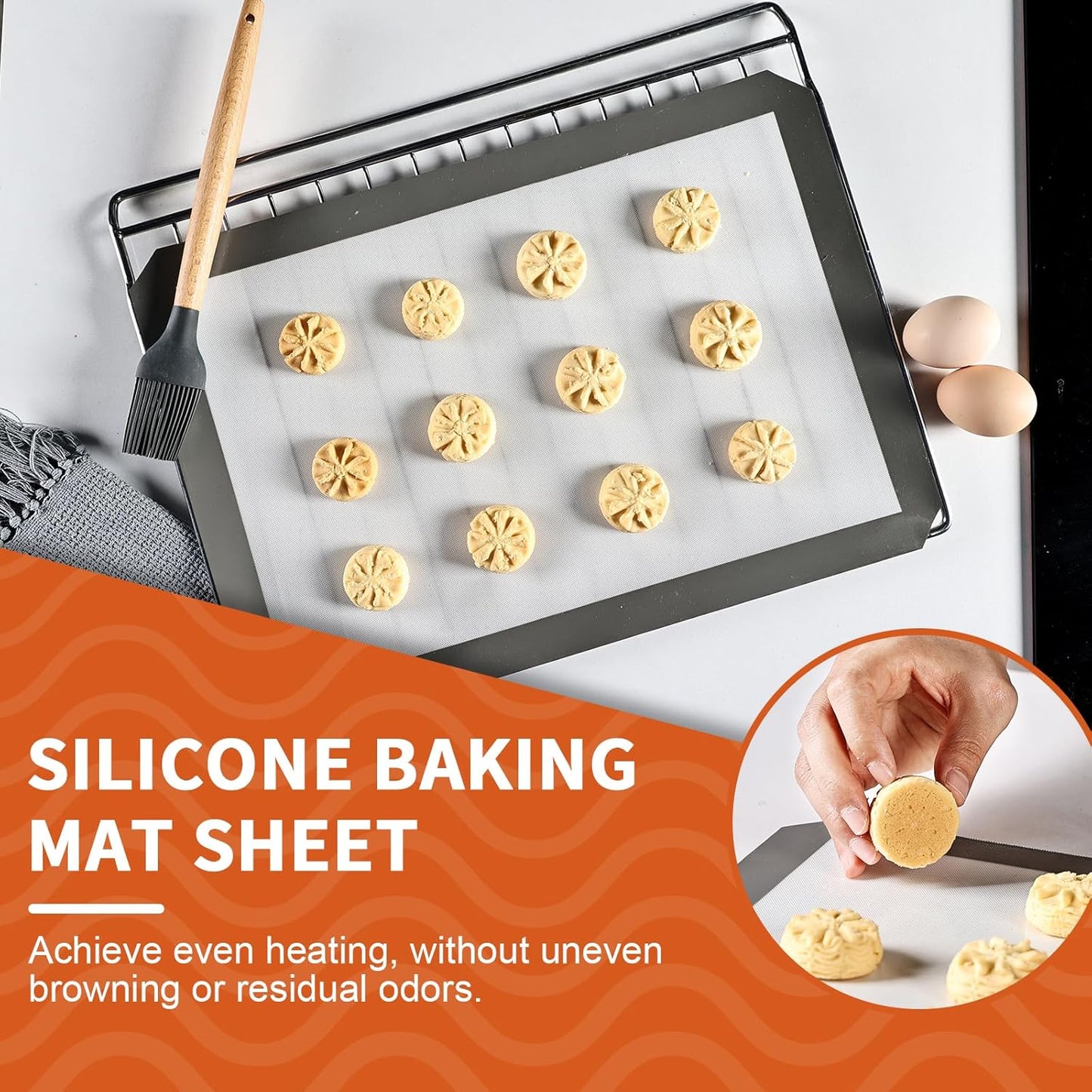 KitchenRaku Silicone Baking Mat, 16.5"x11.6" Non Stick Reusable Silicone Cooking Mat, BPA Free Baking Sheet for Cookies, Macarons Bread & Pastry, Toaster Pad Set of 2