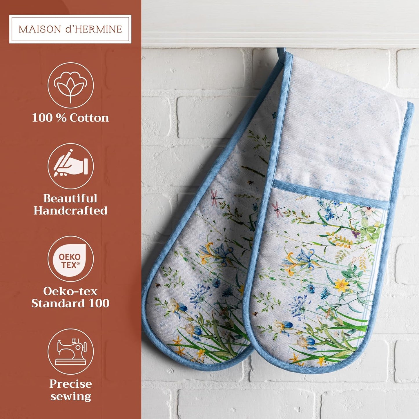 Maison d' Hermine Double Oven Mitts 100% Cotton 7"x35" Double Oven Mitt Heat Resistant BBQ Cooking Gloves with Loop, Baking, Grilling, Home, Kitchen, Handling Hot Pans Spring Summer (Fleurs De Mai)