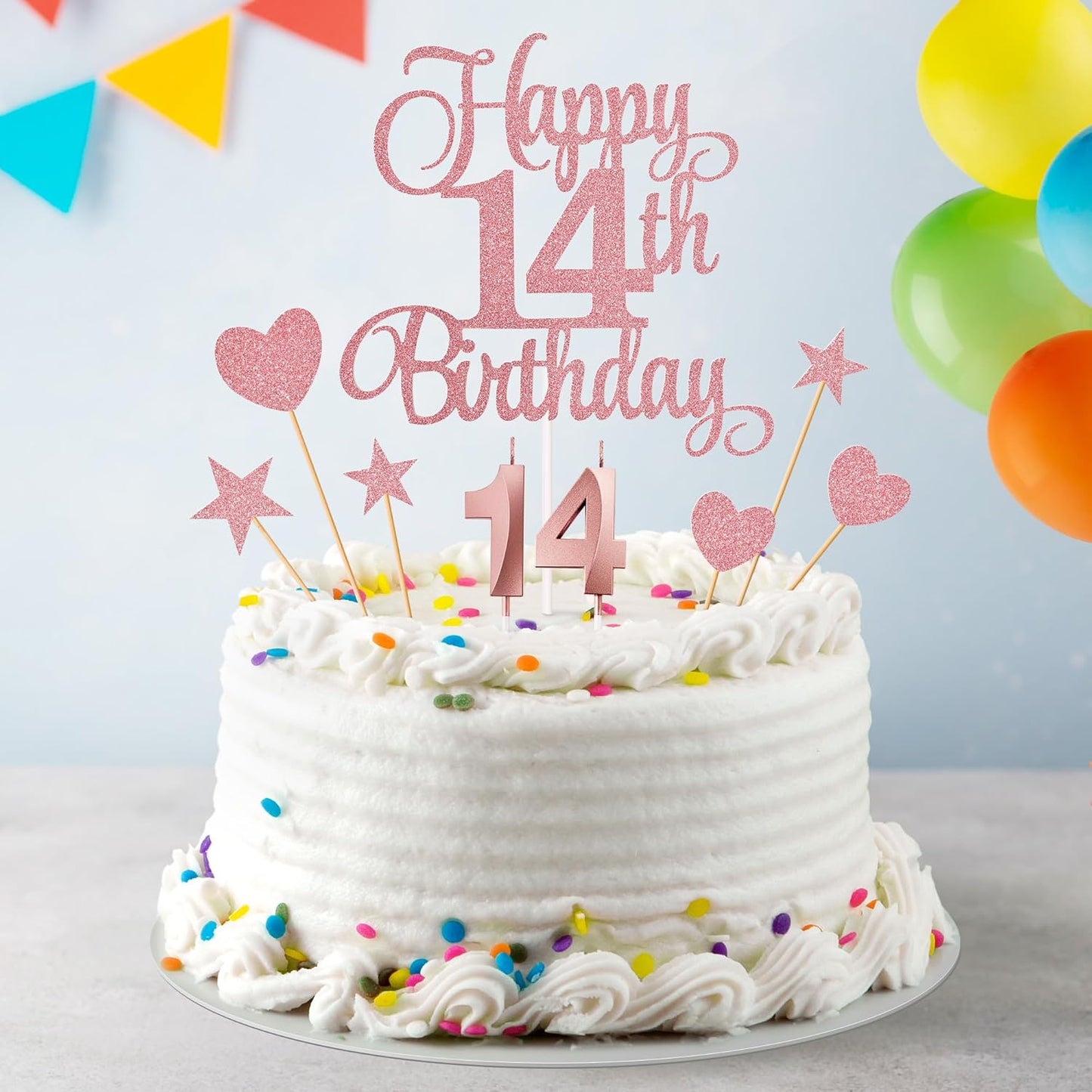 14th Birthday Cake Decorations, 14th Birthday Candles Cake Numeral Candles and Glitter Happy 14th Birthday Cake Toppers Set for Birthday Party Supplies (Rose Gold)