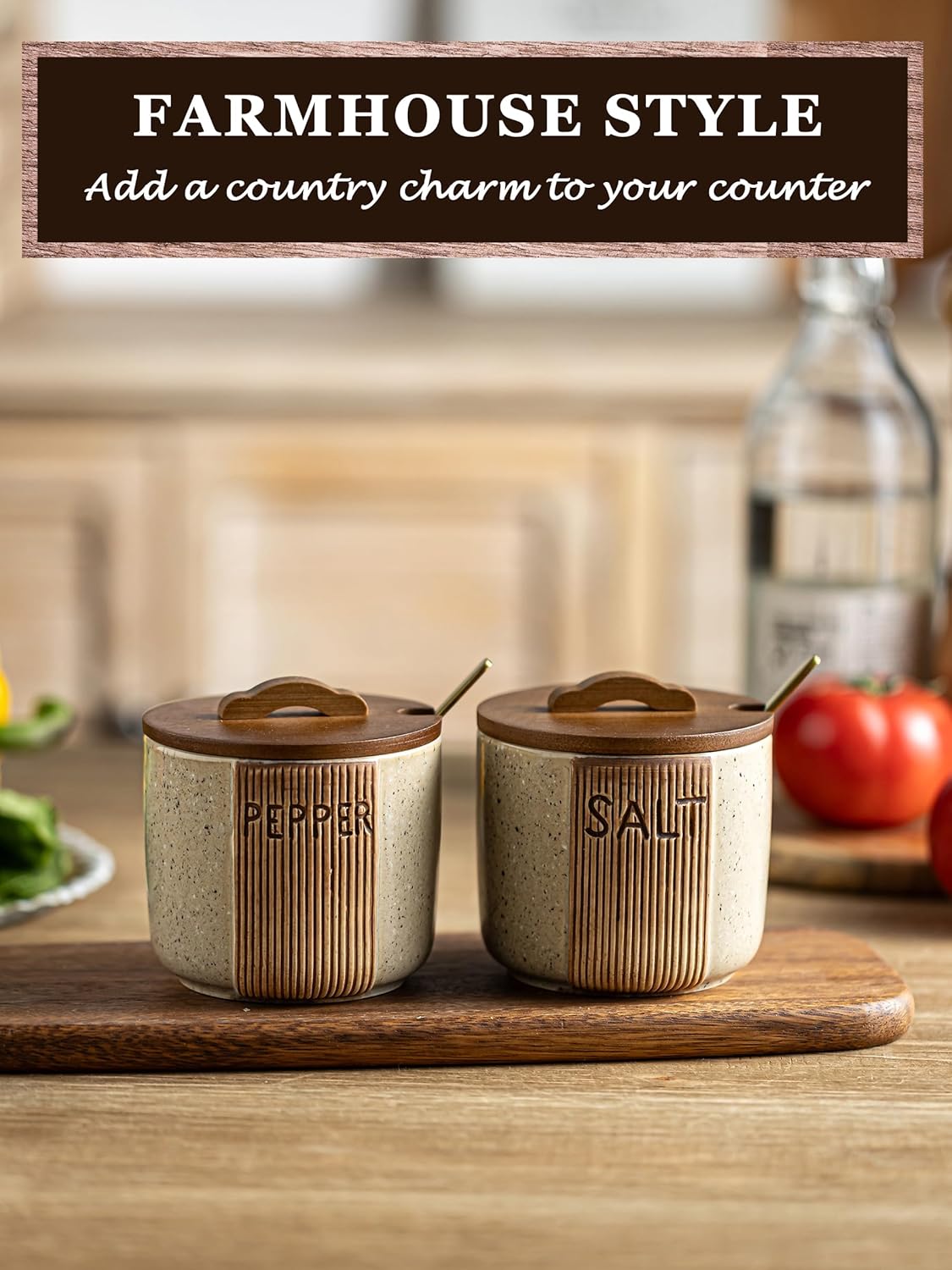 Ceramic Salt and Pepper Bowl, Salt Cellar with Lid and Spoons Salt Containers for Countertop Pepper Holder Box, Beige