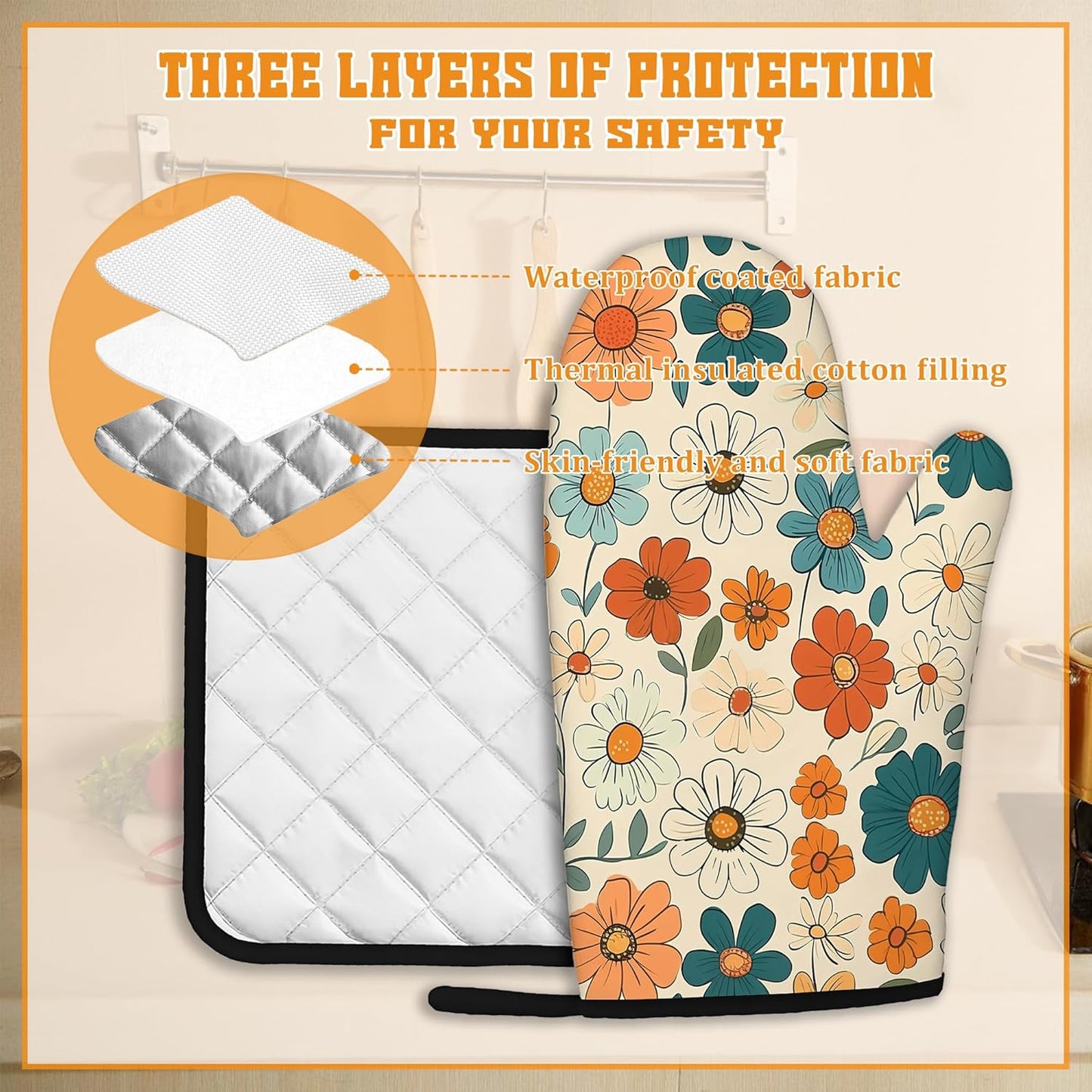 Vintage Floral Oven Mitts and Pot Holders,Groovy Flower Heat Resistant Oven Mitts Gloves and Pot Holder for Home Kitchen Decorations Cooking Baking BBQ Gifts,Set of 4