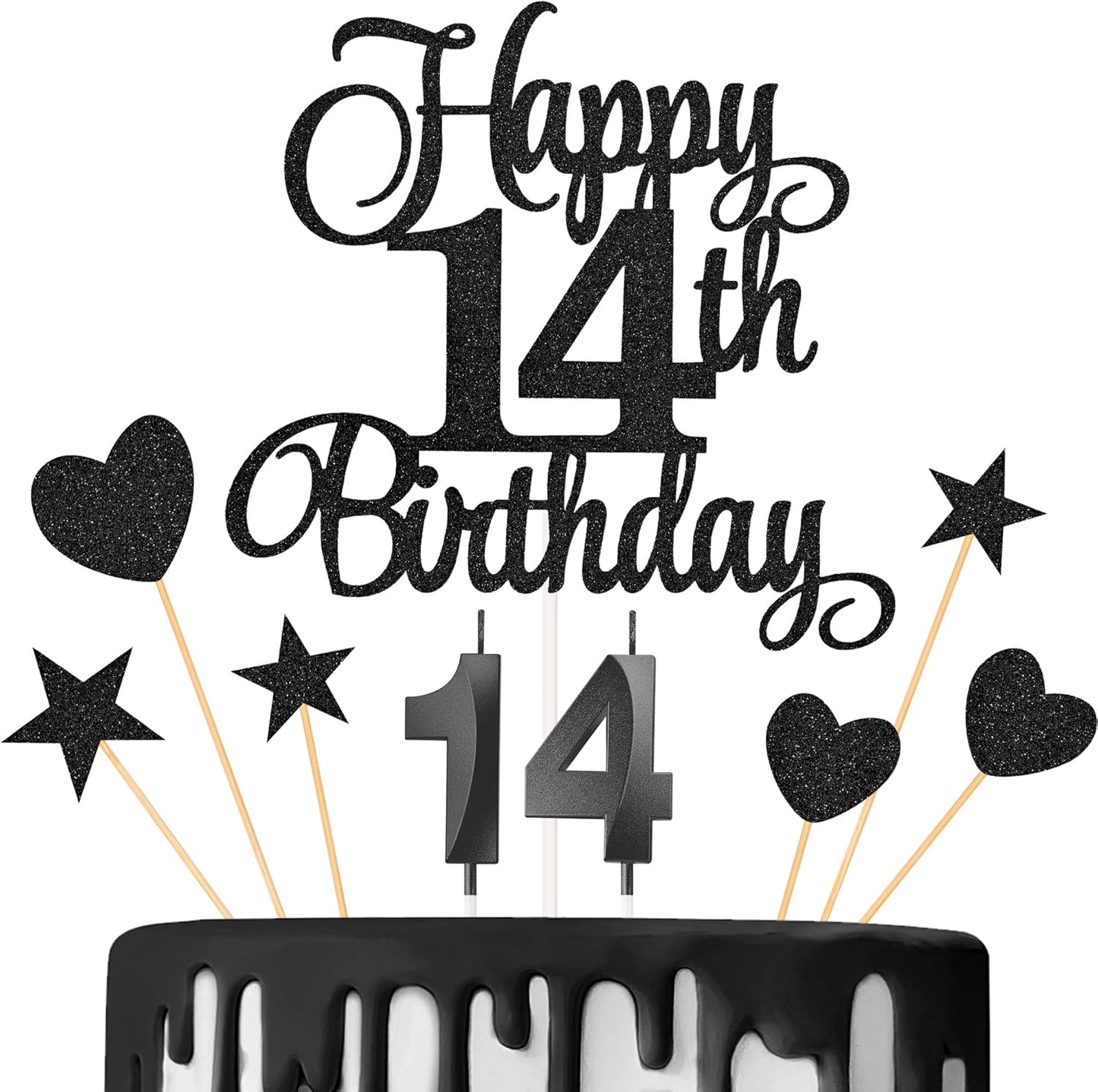 14th Birthday Cake Decorations, 14th Birthday Candles Cake Numeral Candles and Glitter Happy 14th Birthday Cake Toppers Set for Birthday Party Supplies (Black)