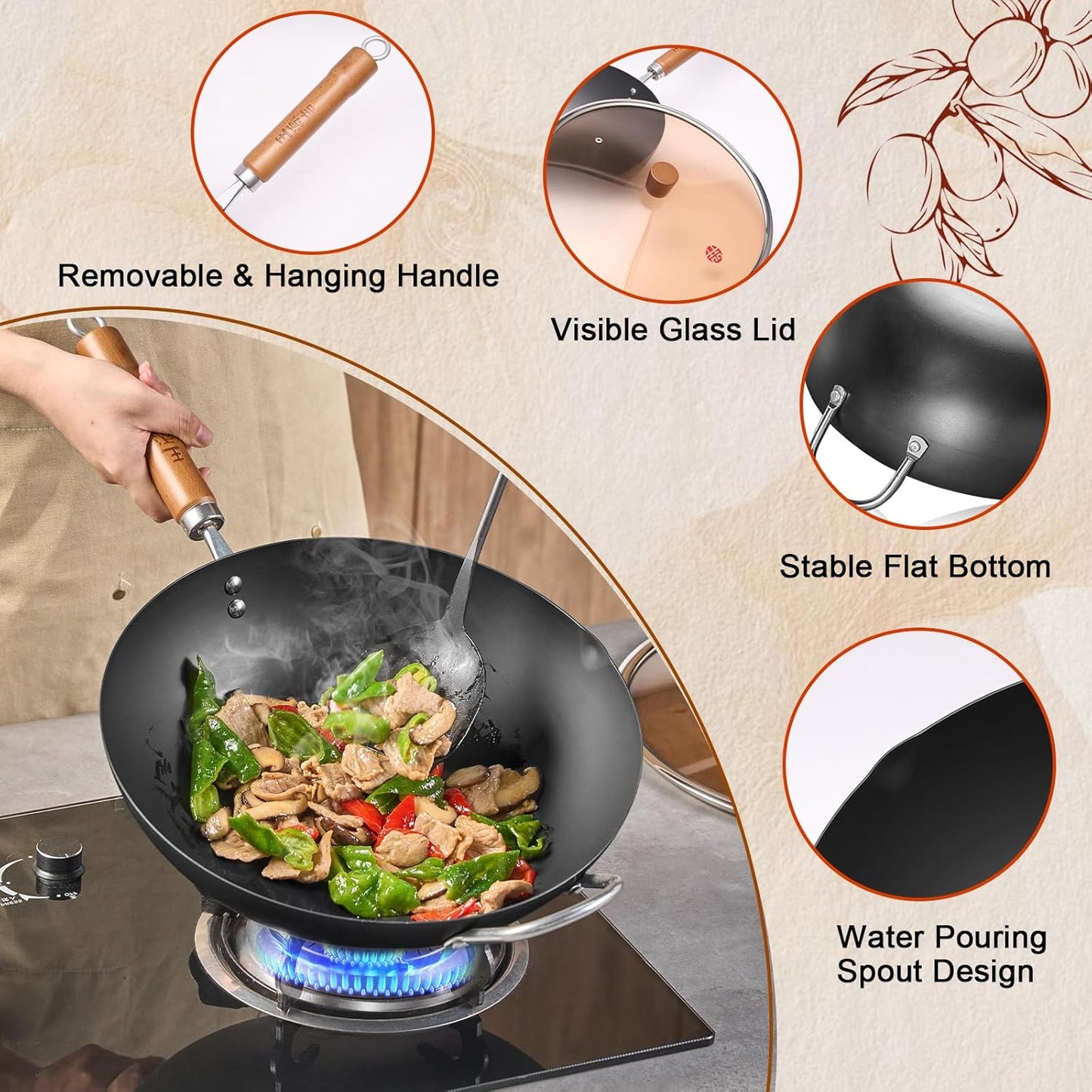 WANGYUANJI Iron Wok,12.59 inch Woks for Stir-fry, Chinese Stir Fry Pan Uncoated, Traditional Flat Bottom Iron Pot for Induction, Electric, Gas, Suitable for All Stoves(Pure Iron Wok)