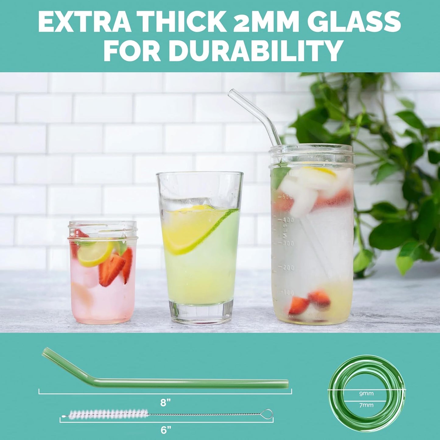 Simply Straws 8 Inch Glass Straws Bent (6-Pack) – Reusable Glass Straws for Pints & Juice Drinkware, with Cleaning Brush – Dishwasher Safe, Hot & Cold Use, BPA-Free (Cote d'Azur)