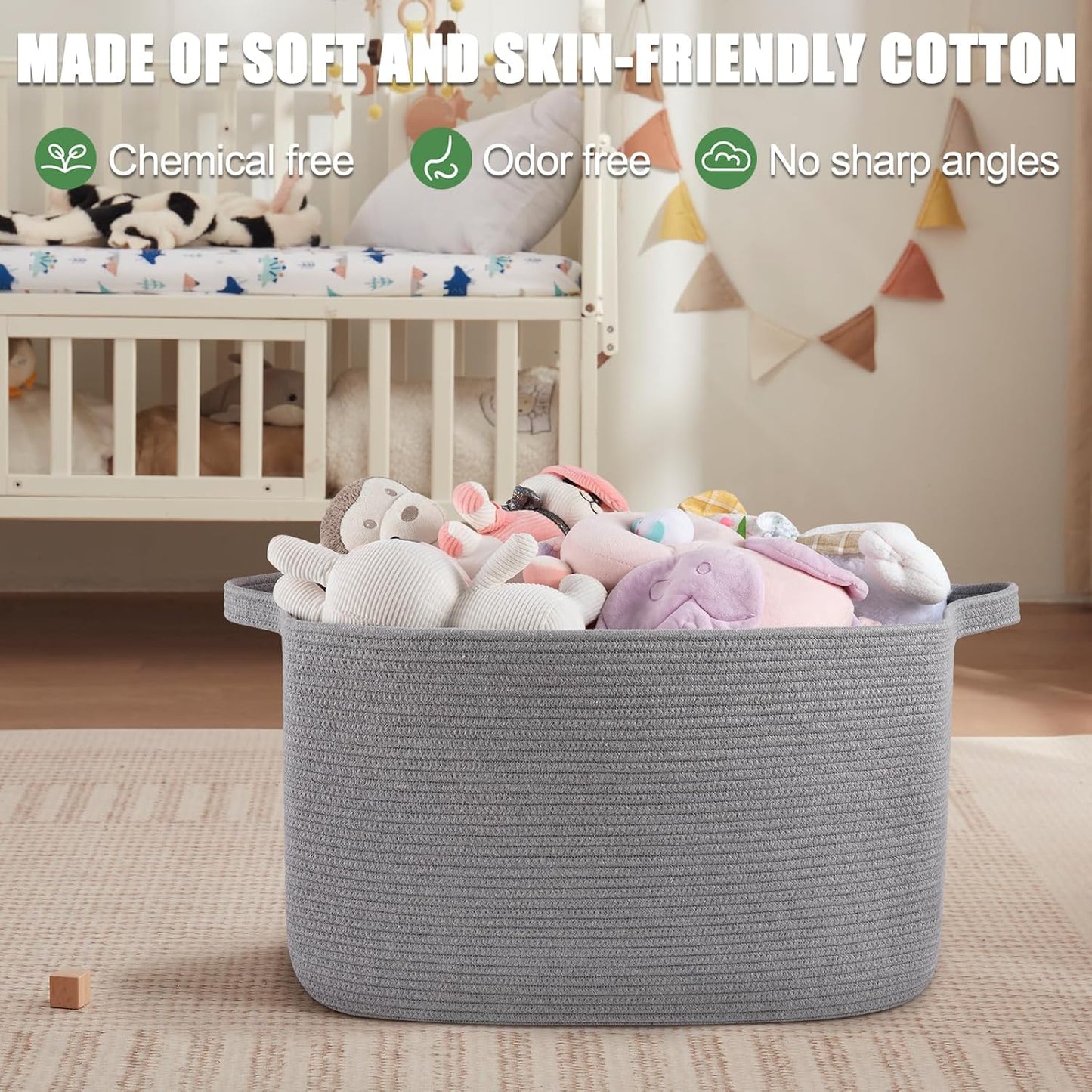 95L Large Storage Basket, Cotton Rope Woven Blanket Basket, Nursery Storage for Baby Room, Living Room, 24" x 16.9" x 14.2", Light Grey