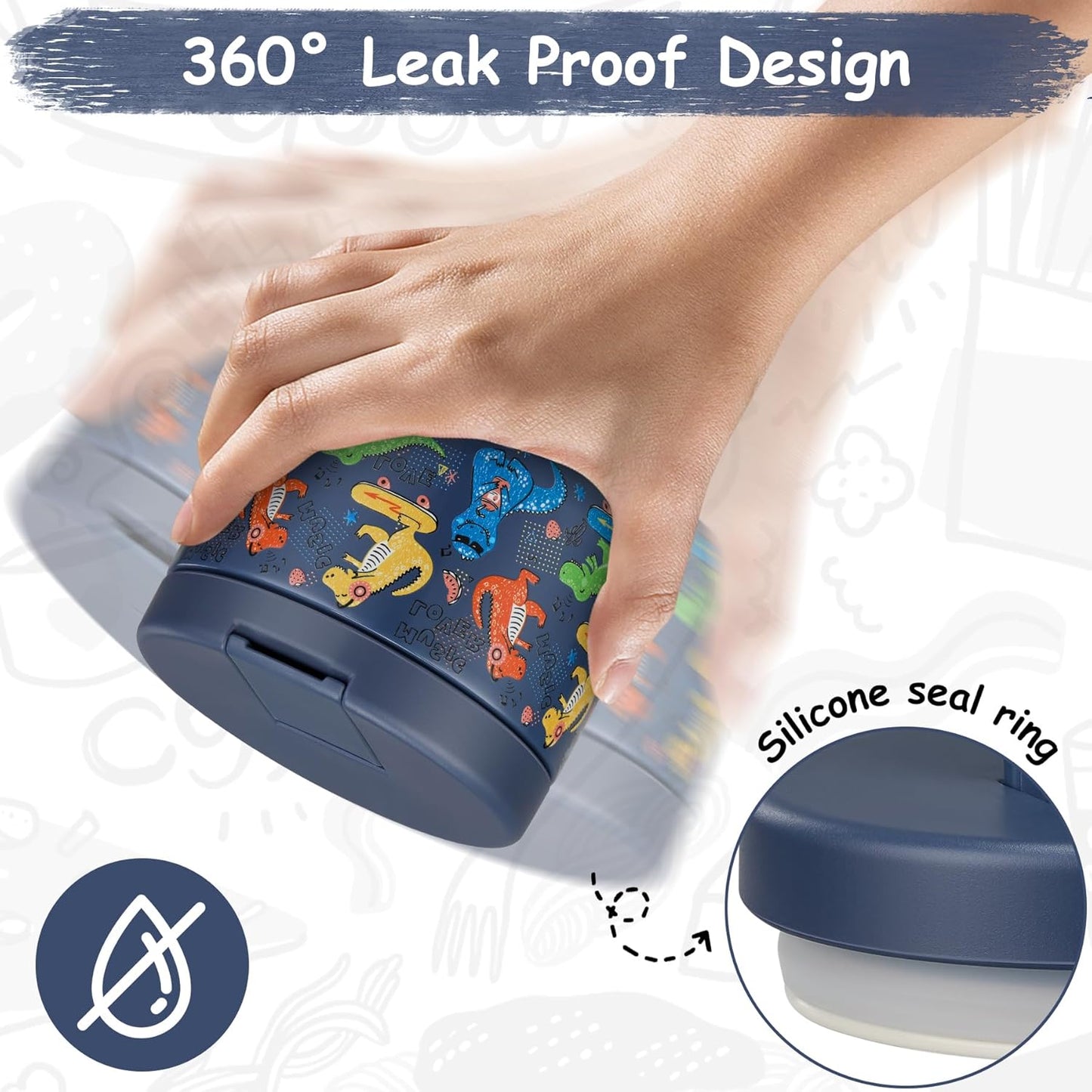 12oz Insulated Vacuum Food Jar with Buckle Lid Wide Mouth Soup Thermo for Hot Food Kids Leakproof Stainless Steel Lunch Container (Blue-Dinosaur)