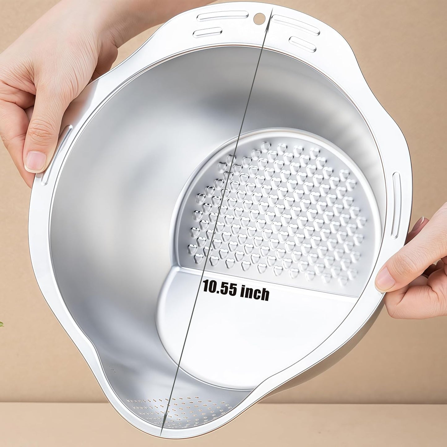 Rice Washer Strainer Bowl - 4-in-1 Washing Bowl for Quinoa, Stainless Steel Side Drainers Colander for Cleaning and Rinsing Fruits, Vegetables, and Beans - Versatile Kitchen Tool