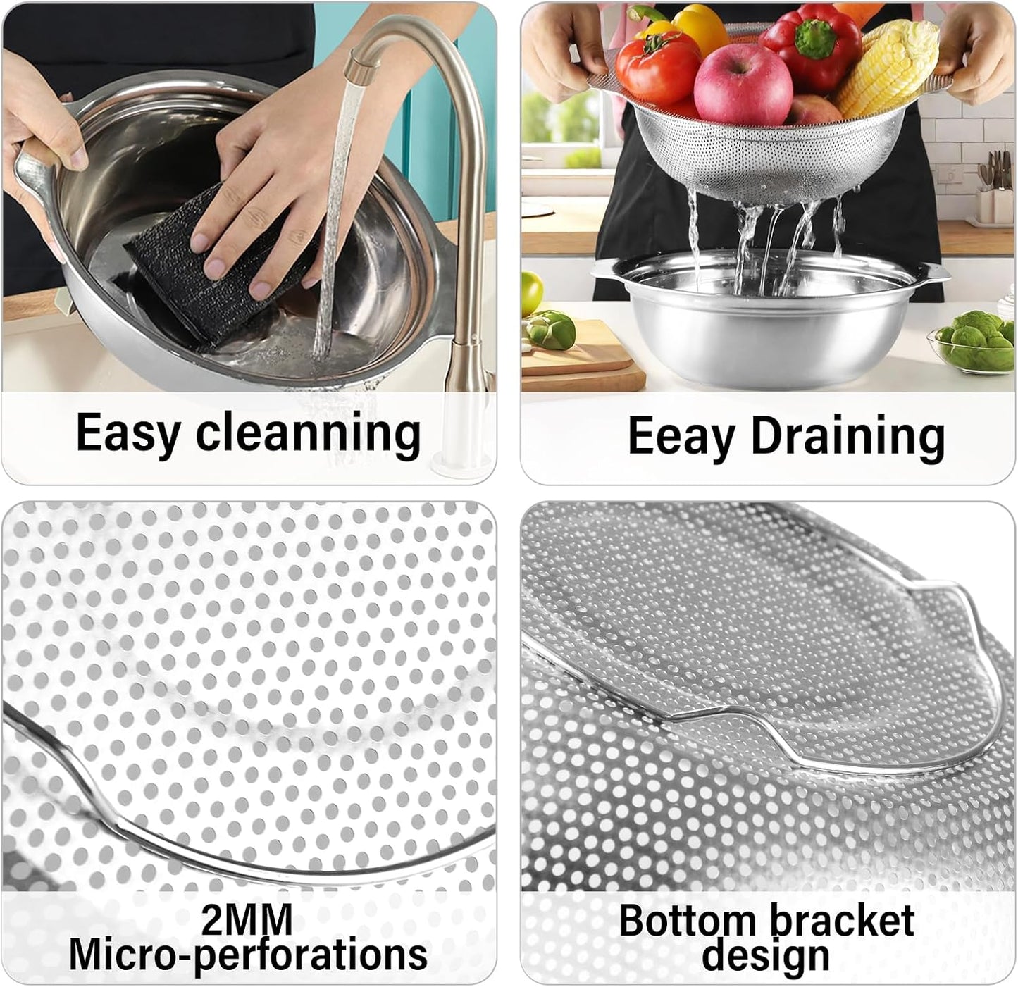 Stainless Steel Colander for Kitchen, 2.5QT Rice Washer Strainer with Mixing Bowl, Colander Bowl Set with Microporous for Washing Rice, Pasta, Spaghetti, Fruits, Dishwasher Safe(2PC)