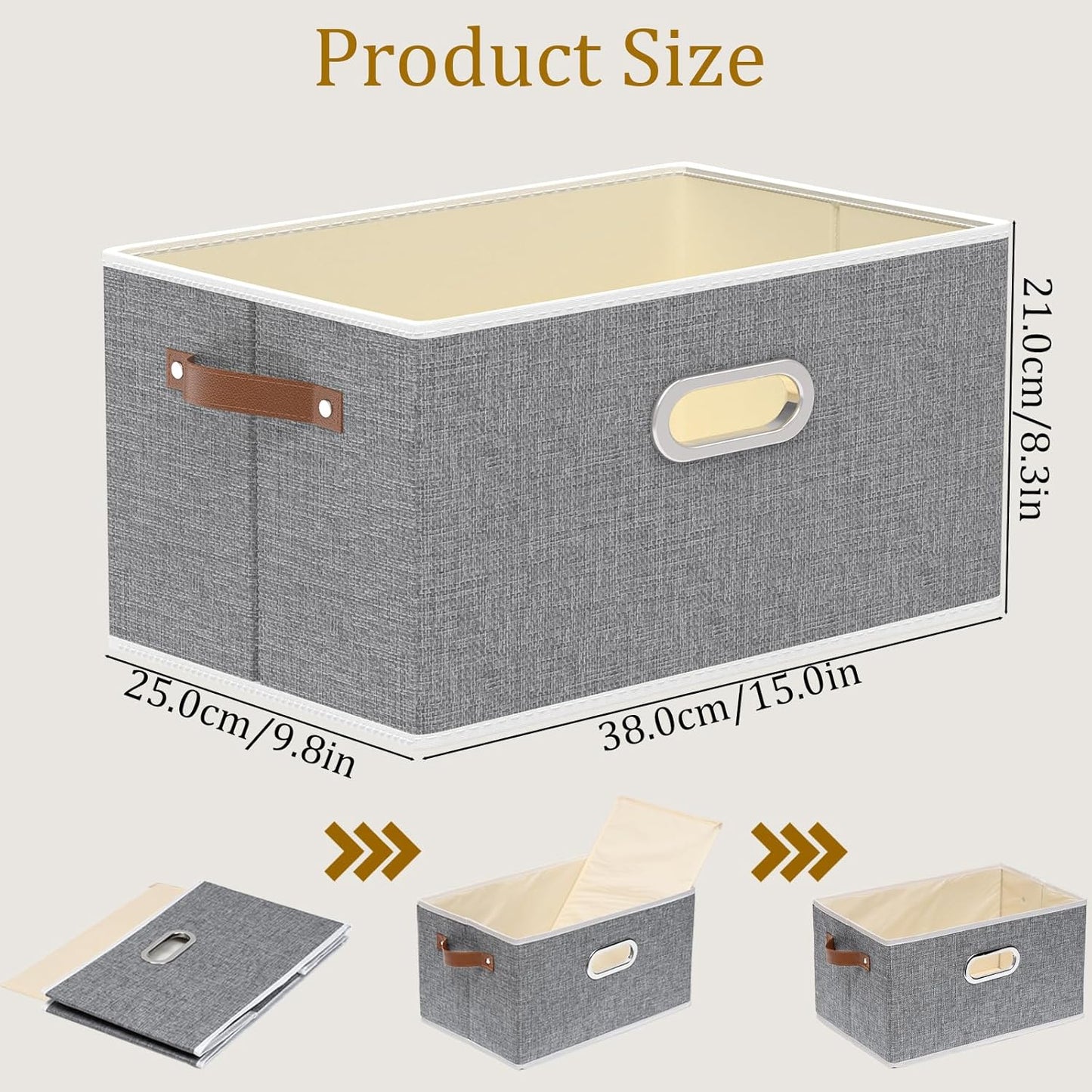 Yawinhe Foldable Storage Baskets for Shelves, Fabric Closet Organizers, Bins with 3 Handles, Cubes for Clothes, Grey, 15''Lx9.8''Wx8.3''H, 6-Pack