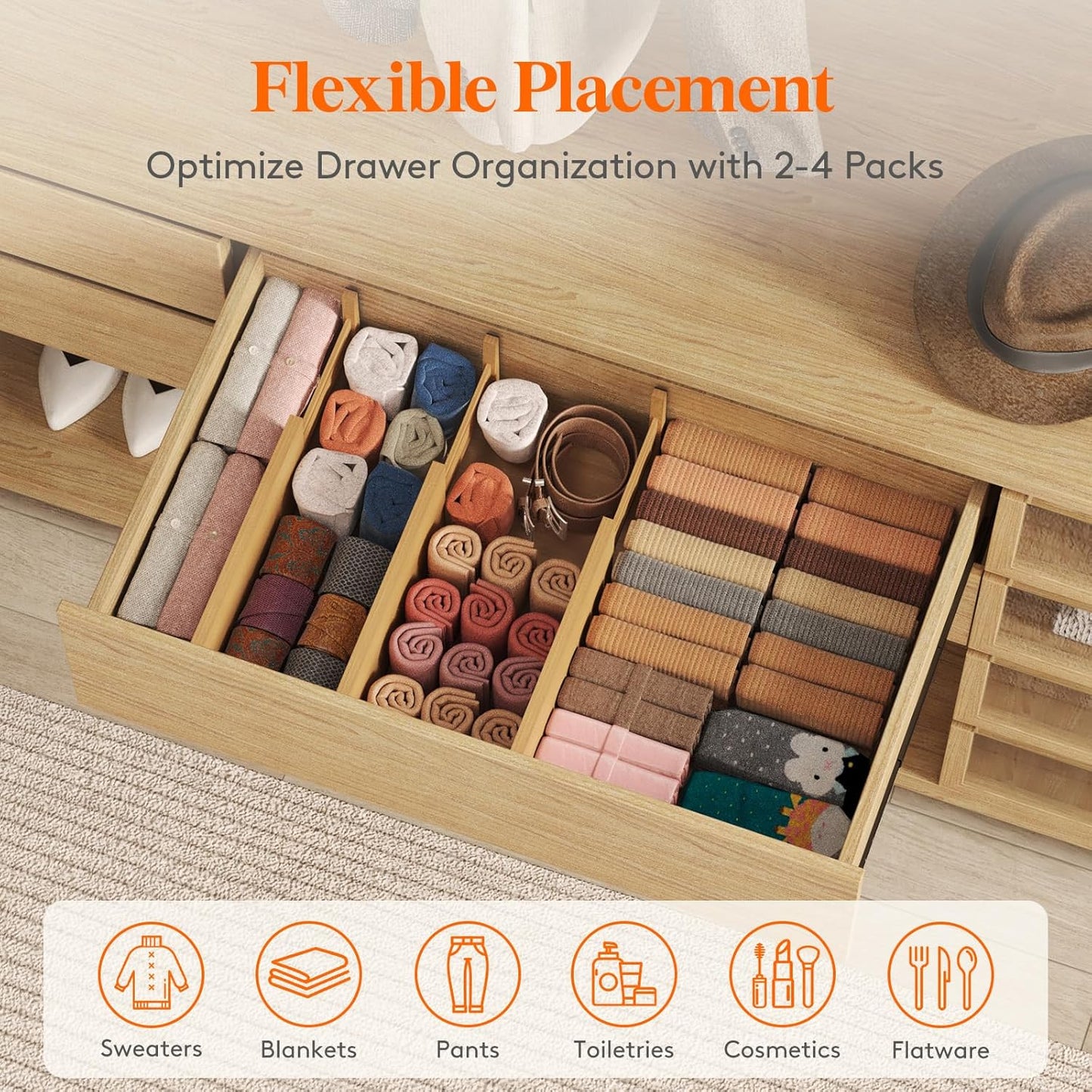 Lifewit 8 Pack 6" Deep Bamboo Drawer Dividers, 13-16.5" Expandable Drawer Organisers for Clothes, Adjustable Dresser Drawer Divider, Clothing Drawers Separators for Dresser, Bedroom, Bathroom, Office