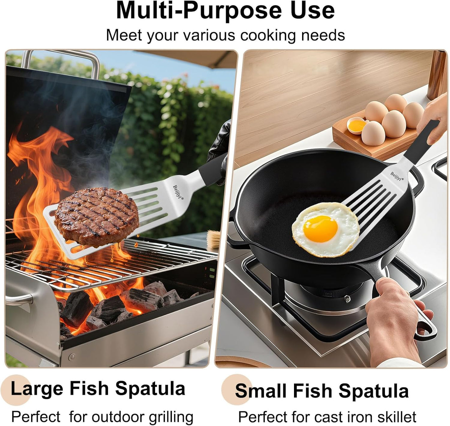 Beijiyi 13.3" Fish Spatula Stainless Steel, Fish Turner with Silicone Handle and Beveled Edge, Thickened Metal Kitchen Slotted Spatula for Cast Iron Skillet Cooking, Flipping and Grilling