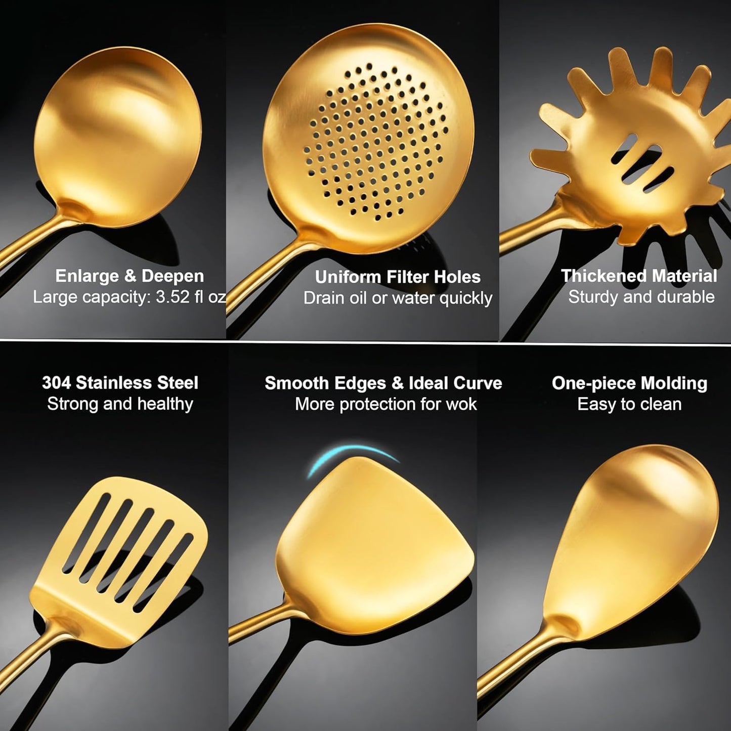 Gold Kitchen Utensils Set, 9 PCS 18/10 Stainless Steel Cooking tools Wood Handle, Solid and Slotted Spoon, Fork, Spatula, Ladle, Skimmer, Slotted Tunner, Spaghetti and Large Spoon