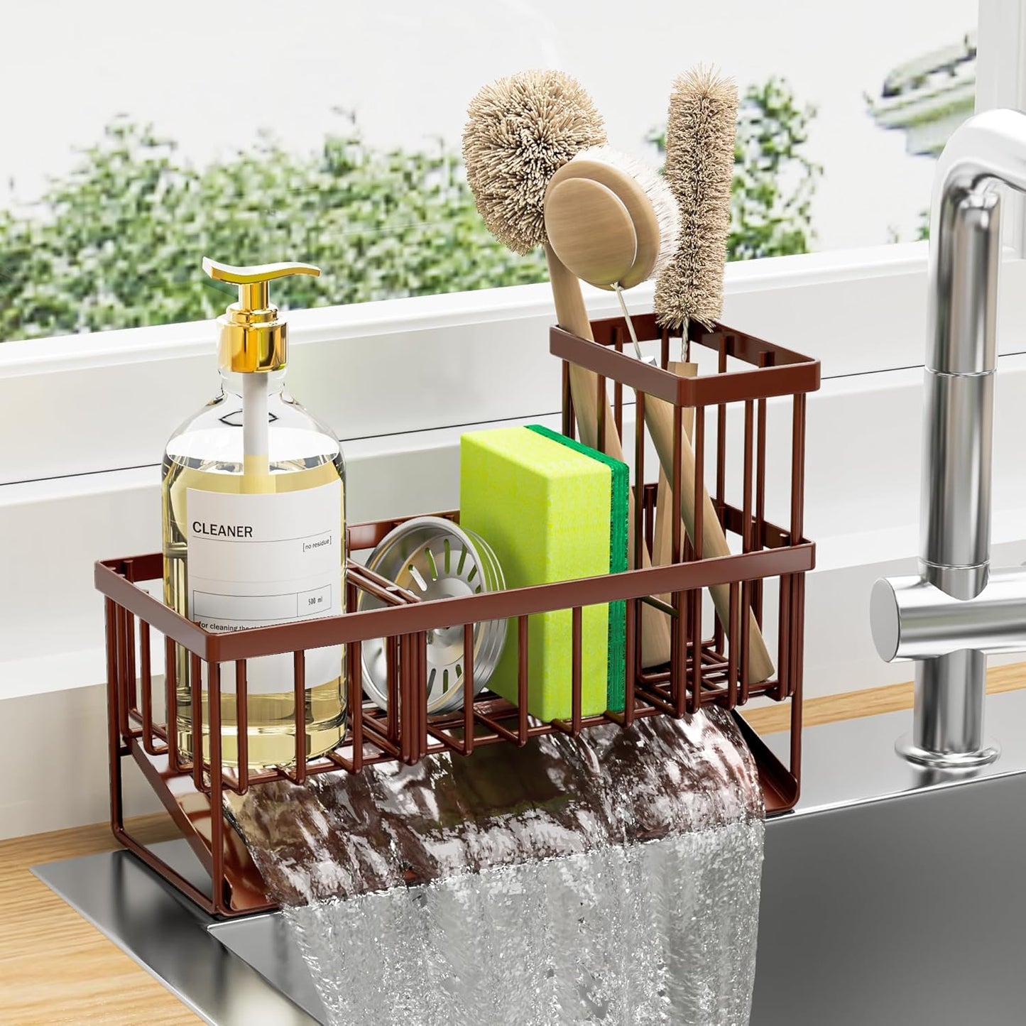 Cisily Kitchen Sink Caddy, Sponge Holder for Kitchen Sink, Kitchen Sink Organzier and Storage with High Brush Holder, Rustproof 304 Stainless Kitchen Gadgets Sink Accessories(Brown)