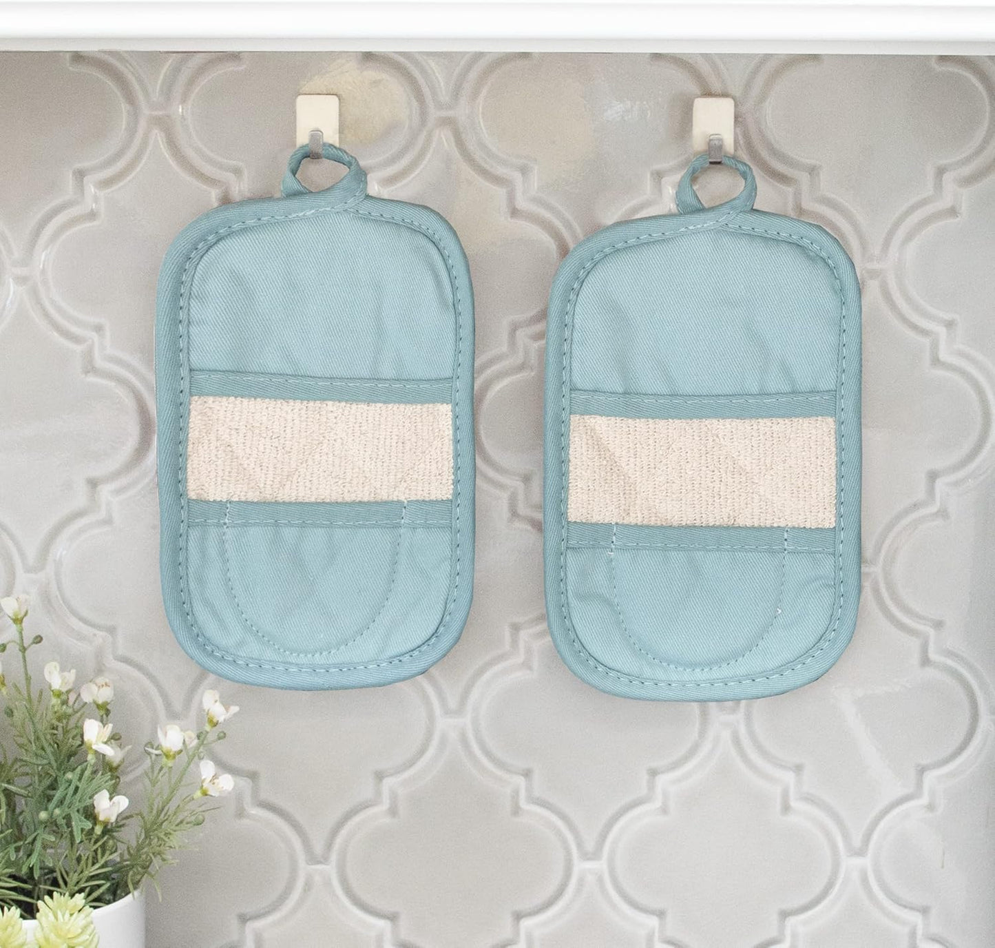 Ritz Premium Pot Holders & Heating Pads (4-Pack), 8.5" x 5.5", Heat Resistant, 100% Cotton Terry-Looped Pocket, for Kitchen and Barbeque, Dew