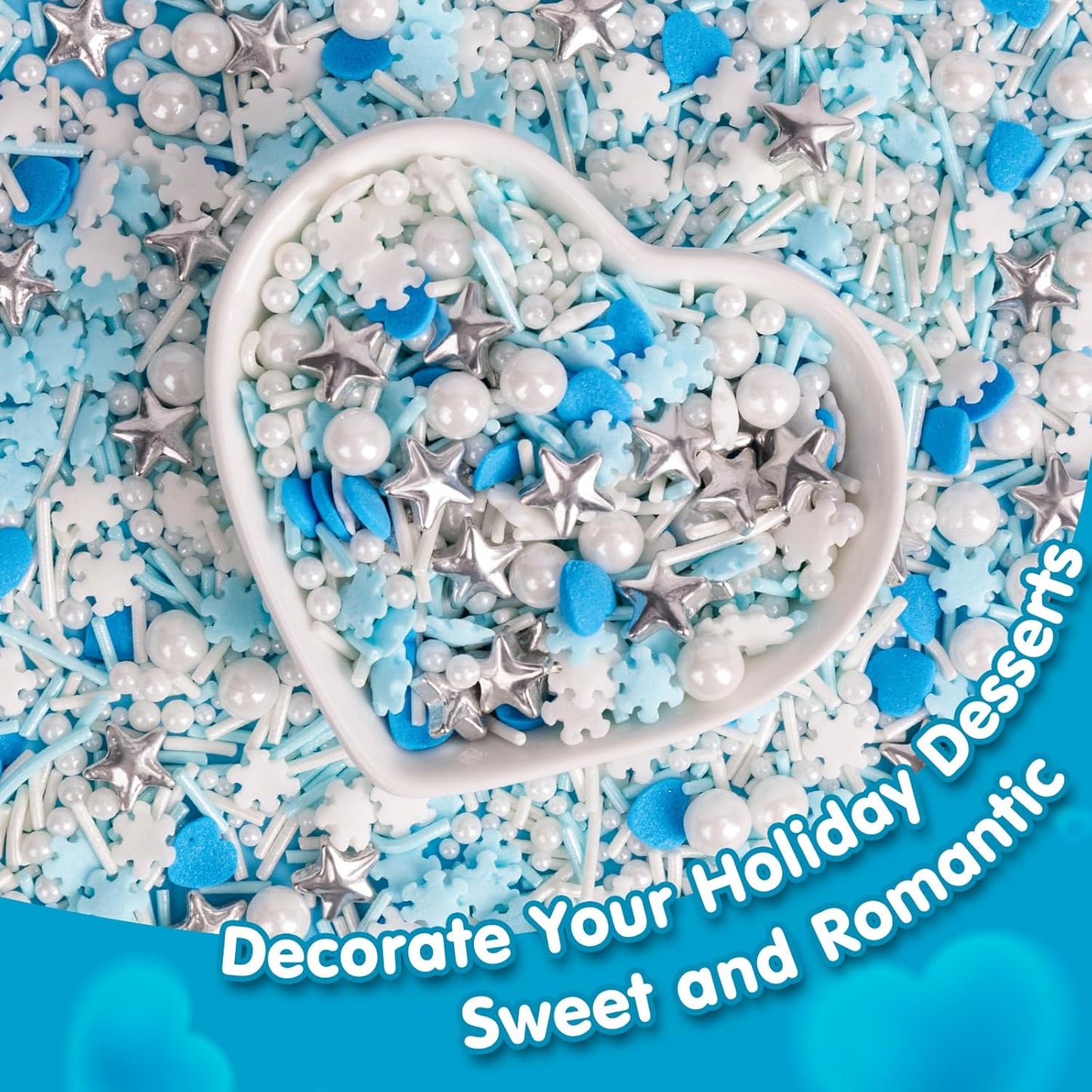 Edible Frozen Sprinkles ,Blue Heart White Snowflake Silver Star Pearl Jimmies Mix,130g/4.58oz,Winter Snow Sugar Pearls Sprinkles for Decorations Baking,Cake Ice Cream Cookies Cupcake Topper Chocolate,Birthday Children Party Dessert Decorating