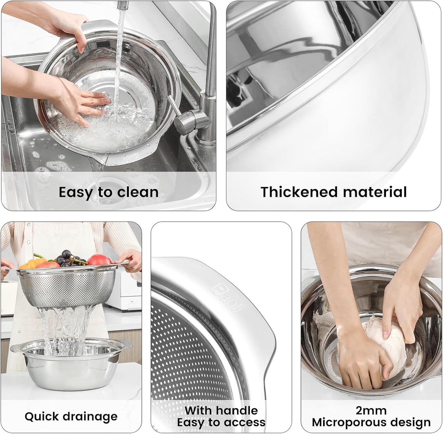 304 Stainless Steel Microporous Colander with Handle, Rice Washers Microporous Strainer Set For washing vegetables, fruits and rice, and draining cooked pasta(4QT with handle-Gold)