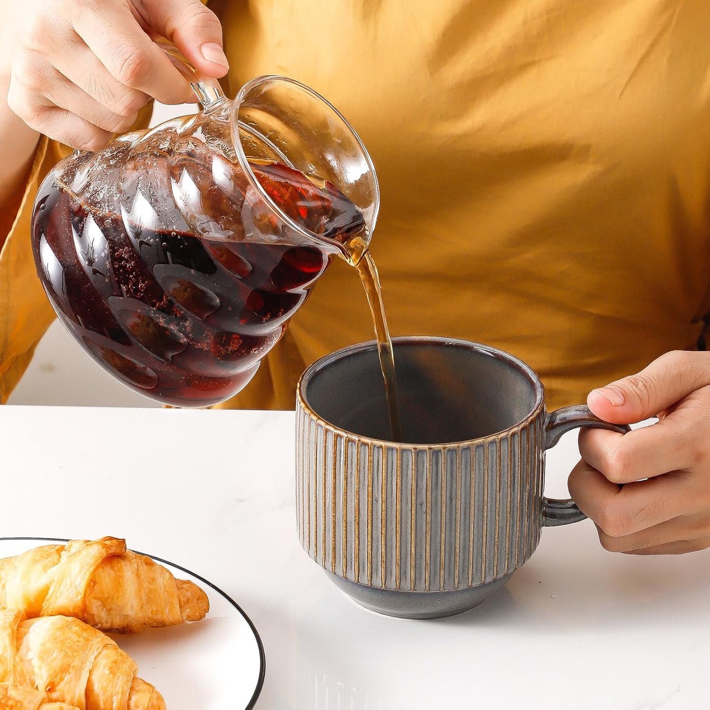 Hasense Porcealin Coffee Mugs, Stackable Coffee Cups Set of 4 with Stand - 15 oz Large Ceramic Ribbed Latte Cup Set for Cappuccino, Tea, Hot Cocoa, Drinks - Dishwasher & Microwave Safe, Brown