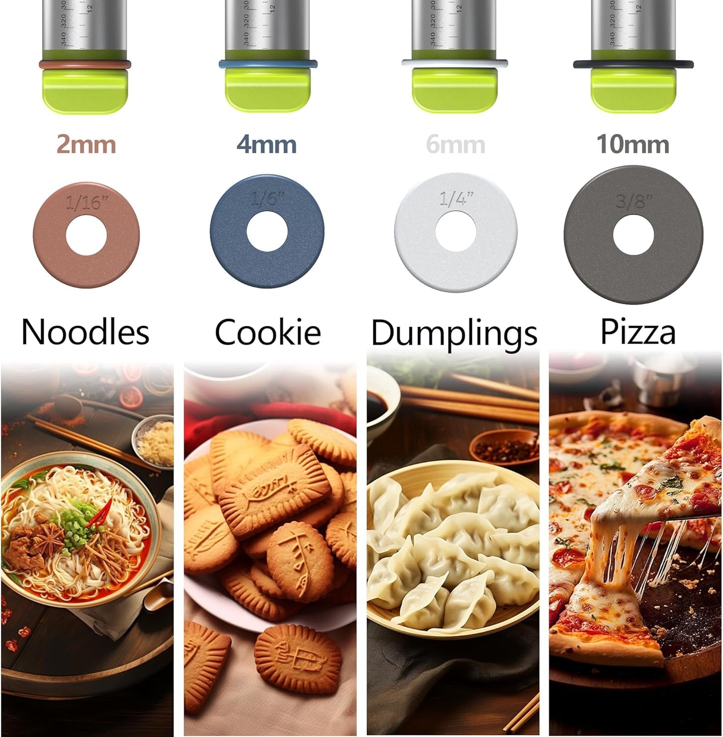 Stainless Steel Rolling Pin with Thickness Rings and Pastry Baking Mat for Baking, Fondant, Pizza, Pie, Cookies, Pastries, 13.6" Rolling Pin with 4 Multi-Color Thickness Rings and Wooden Stand